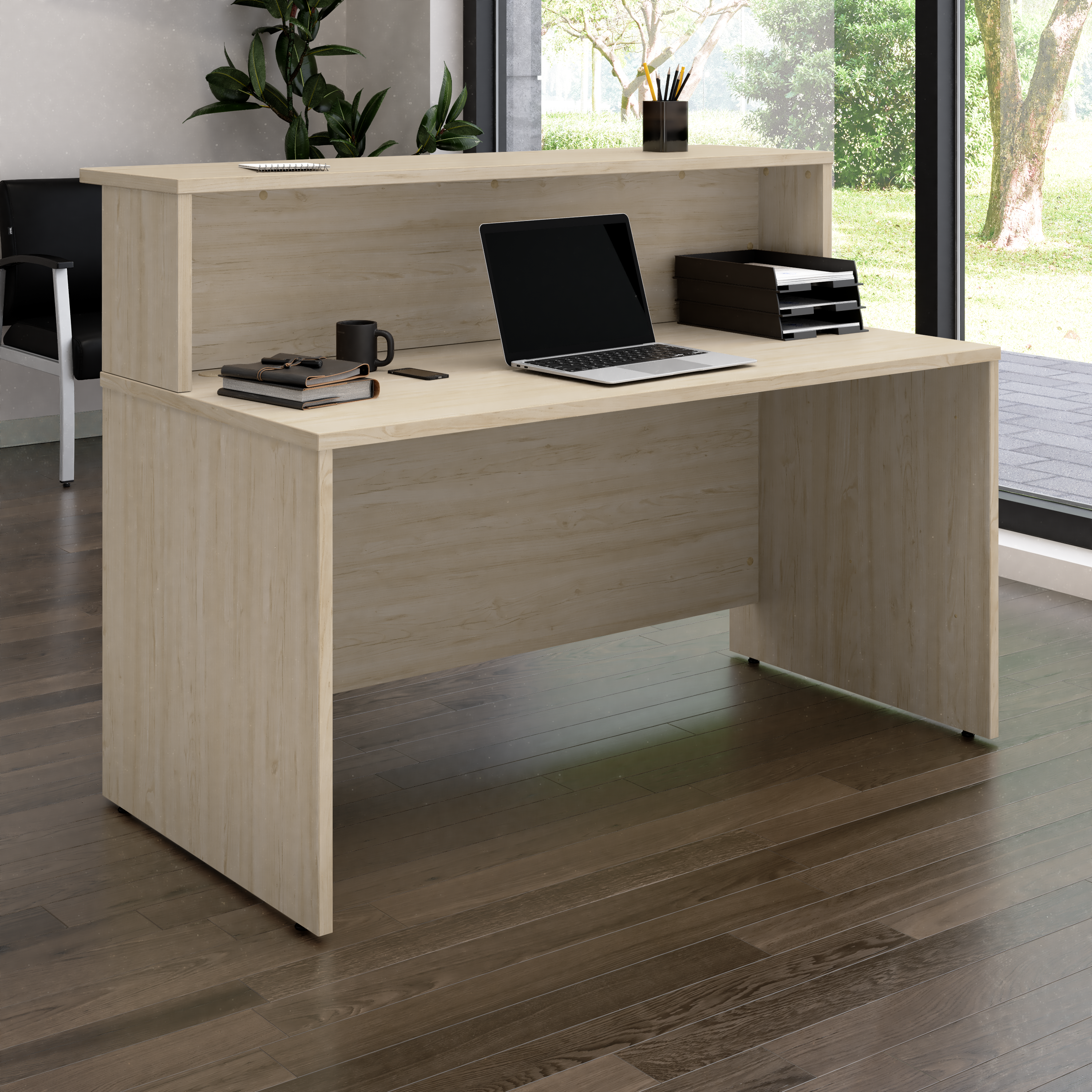 Shop Bush Business Furniture Arrive 60W x 30D Reception Desk with Shelf 01 ARV001NE #color_natural elm