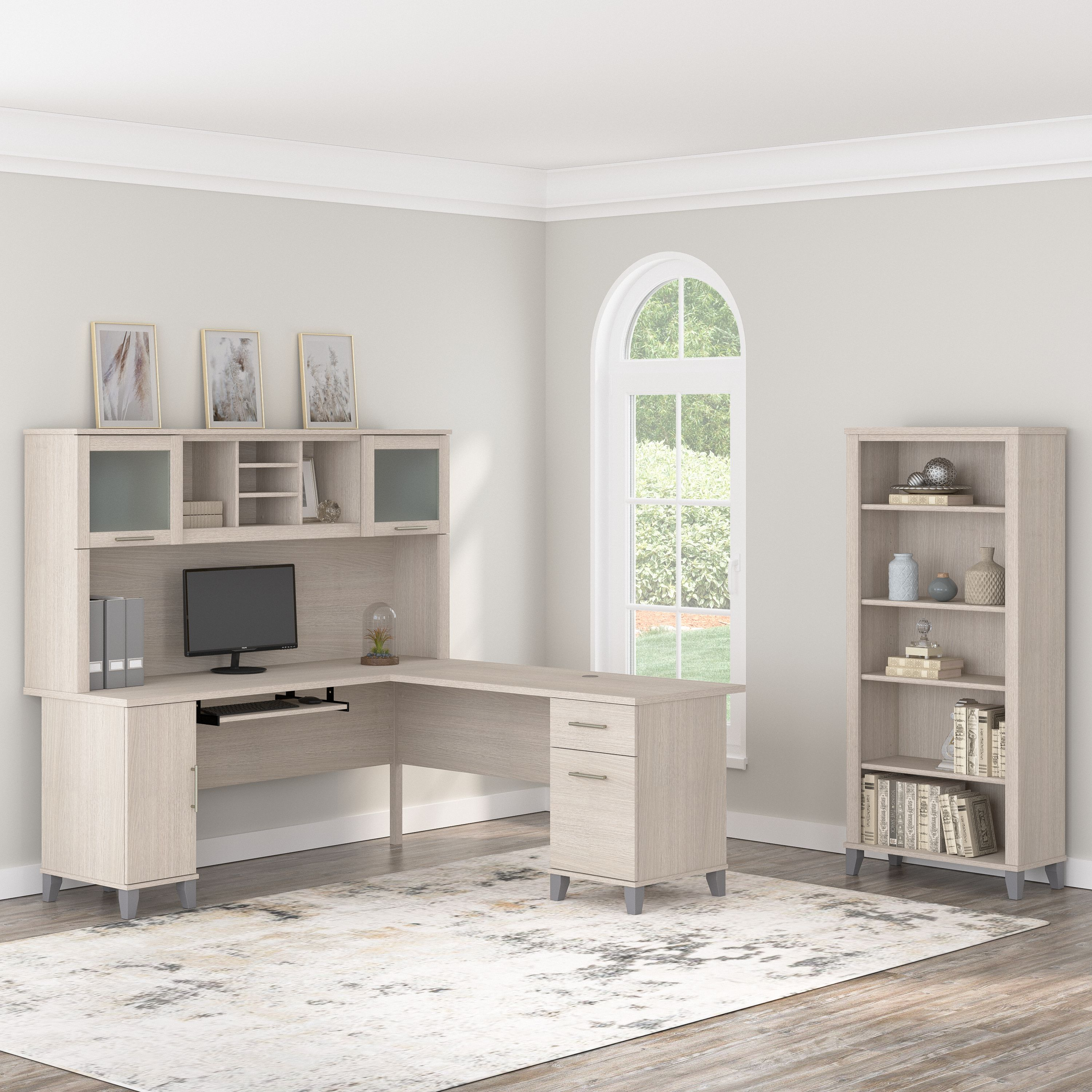 Shop Bush Furniture Somerset 72W L Shaped Desk with Hutch and 5 Shelf Bookcase 01 SET011SO #color_sand oak