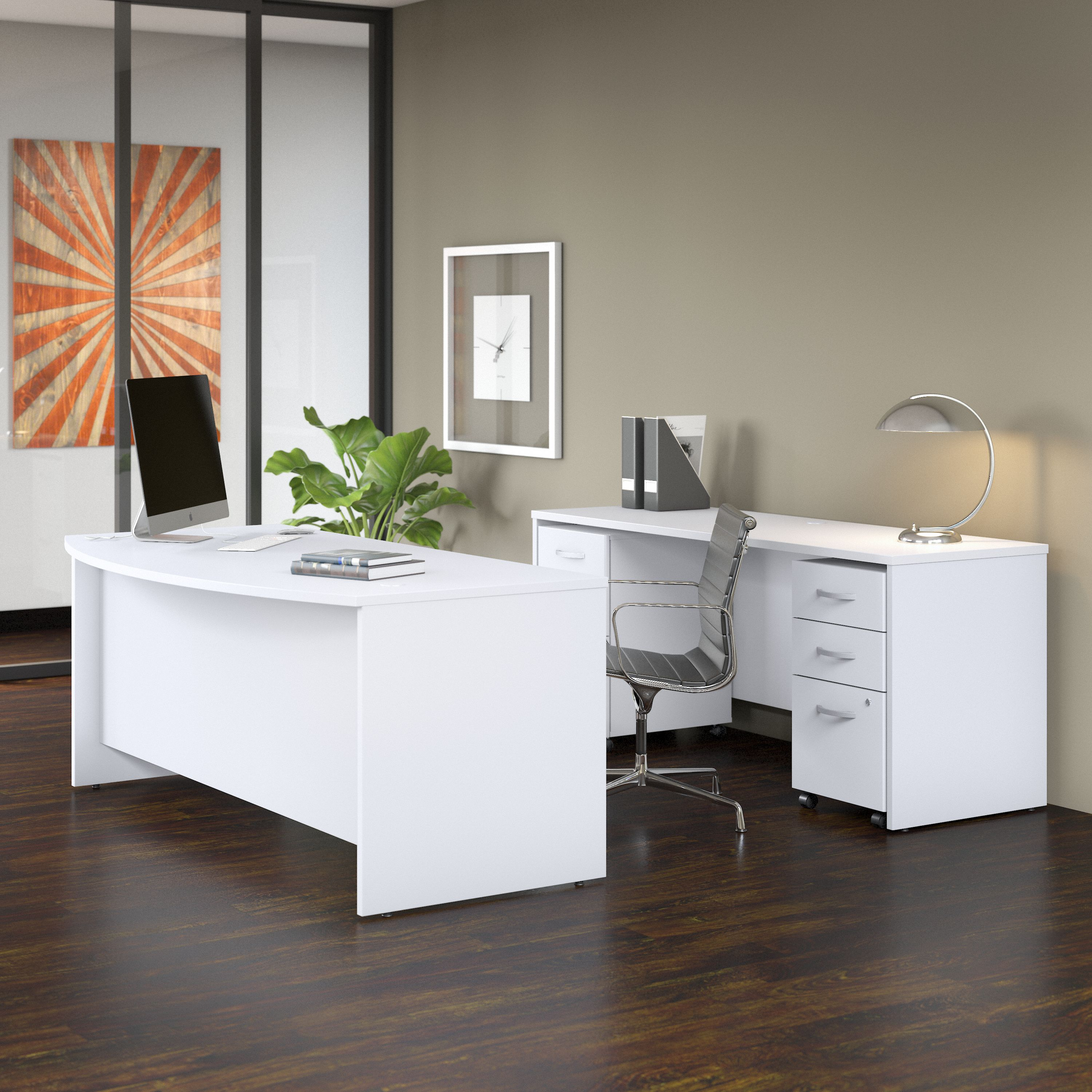 Shop Bush Business Furniture Studio C 72W x 36D Bow Front Desk and Credenza with Mobile File Cabinets 01 STC009WHSU #color_white