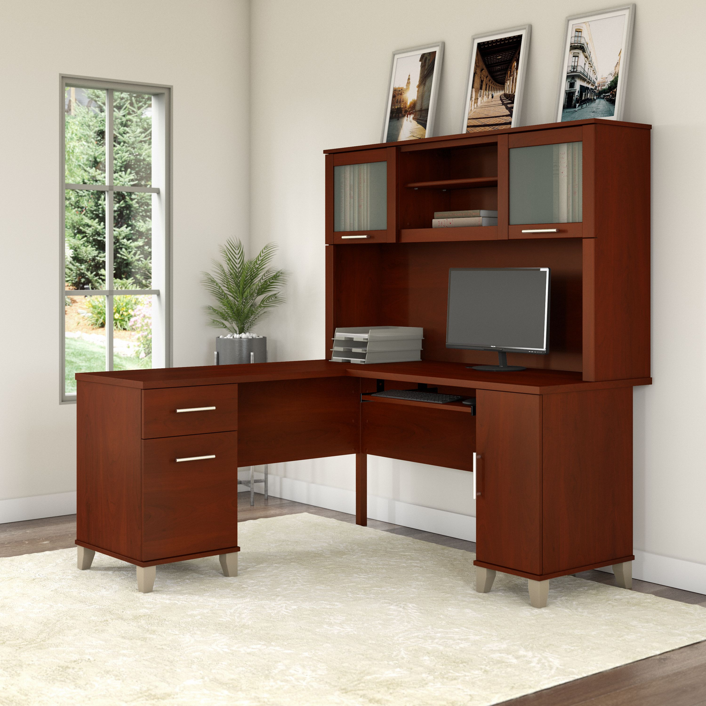 Shop Bush Furniture Somerset 60W L Shaped Desk with Hutch 01 SET002HC #color_hansen cherry