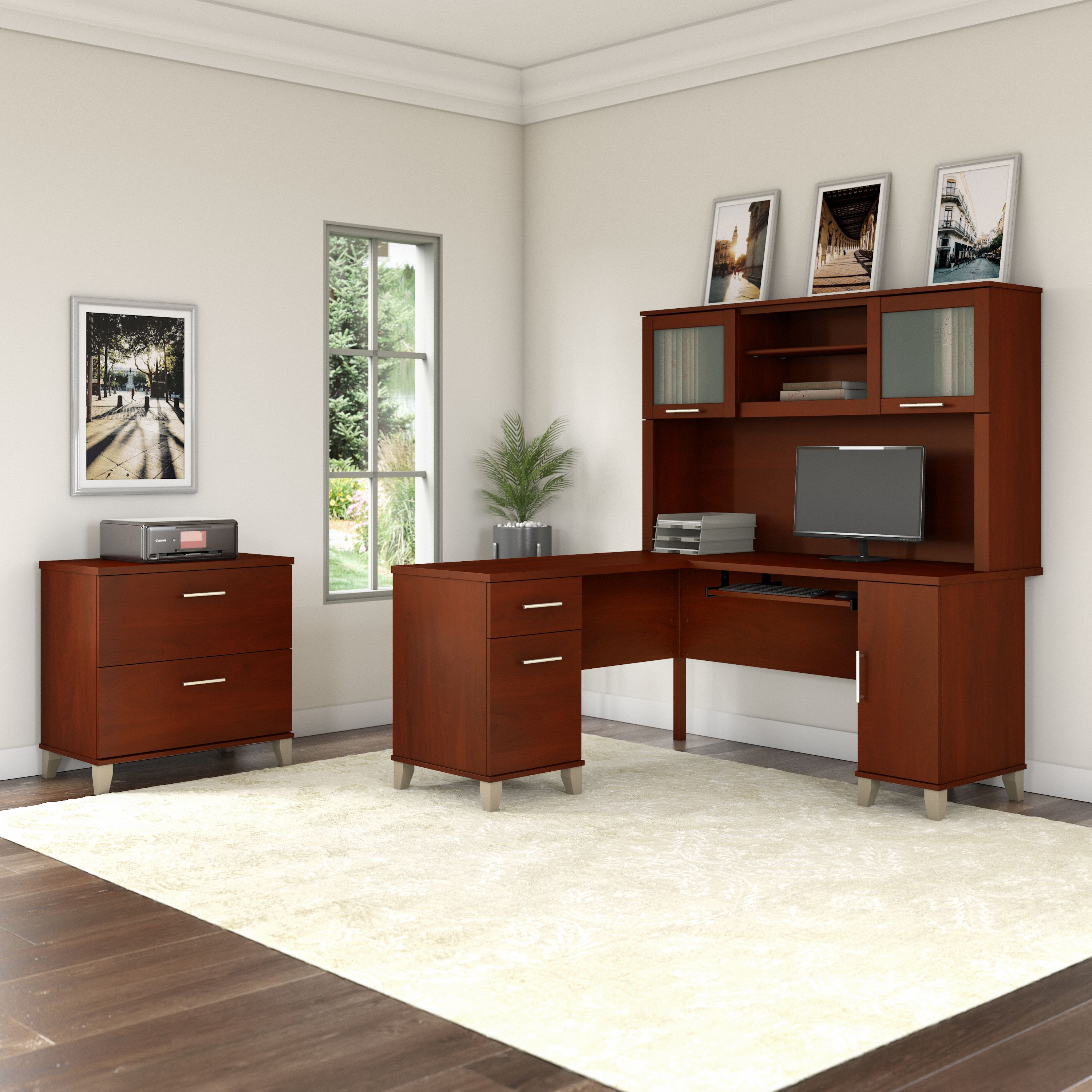 Shop Bush Furniture Somerset 60W L Shaped Desk with Hutch and Lateral File Cabinet 01 SET008HC #color_hansen cherry
