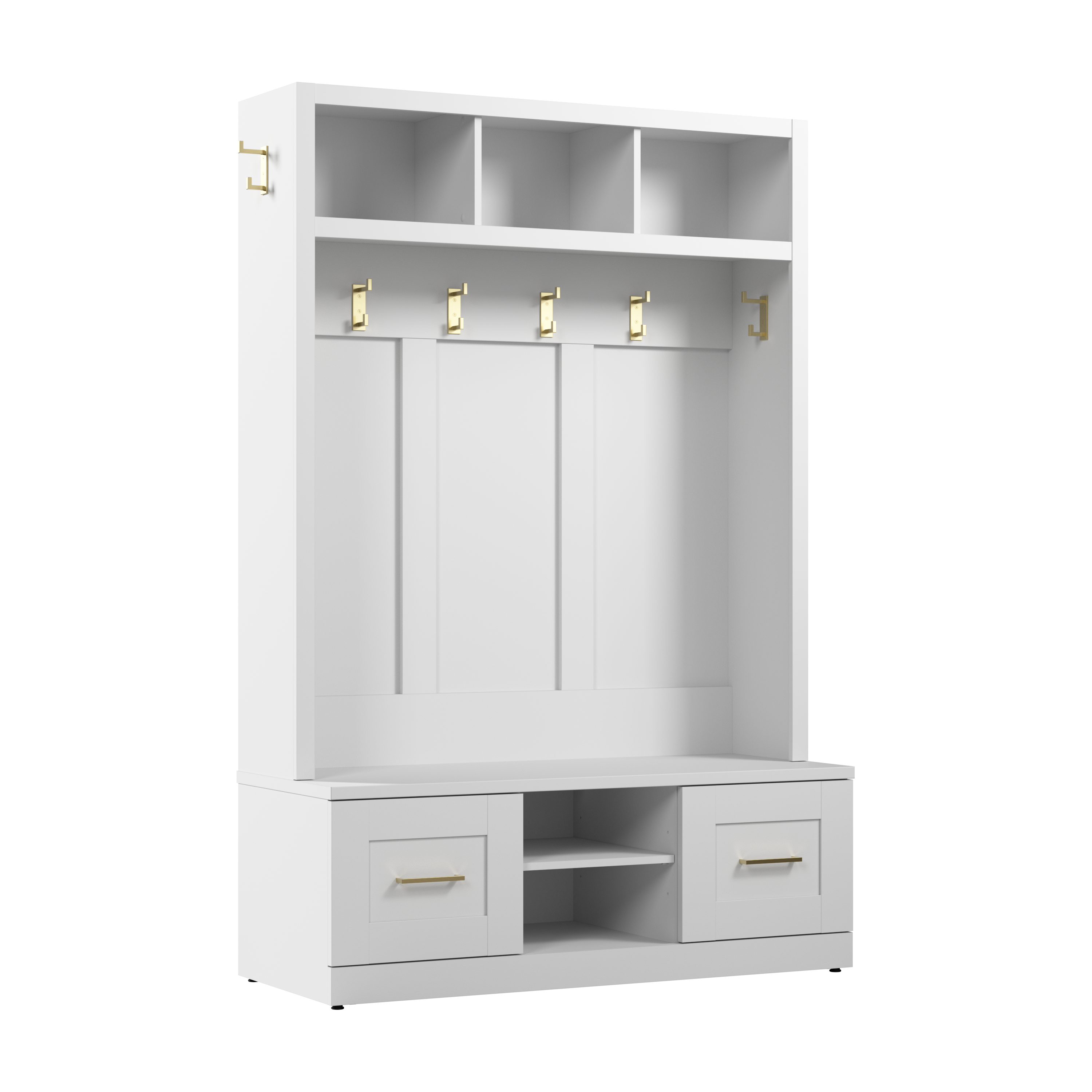 Shop Bush Furniture Hampton Heights Entryway Storage Set with 48W Hall Tree and Shoe Bench with Doors 02 HHS004WH #color_white
