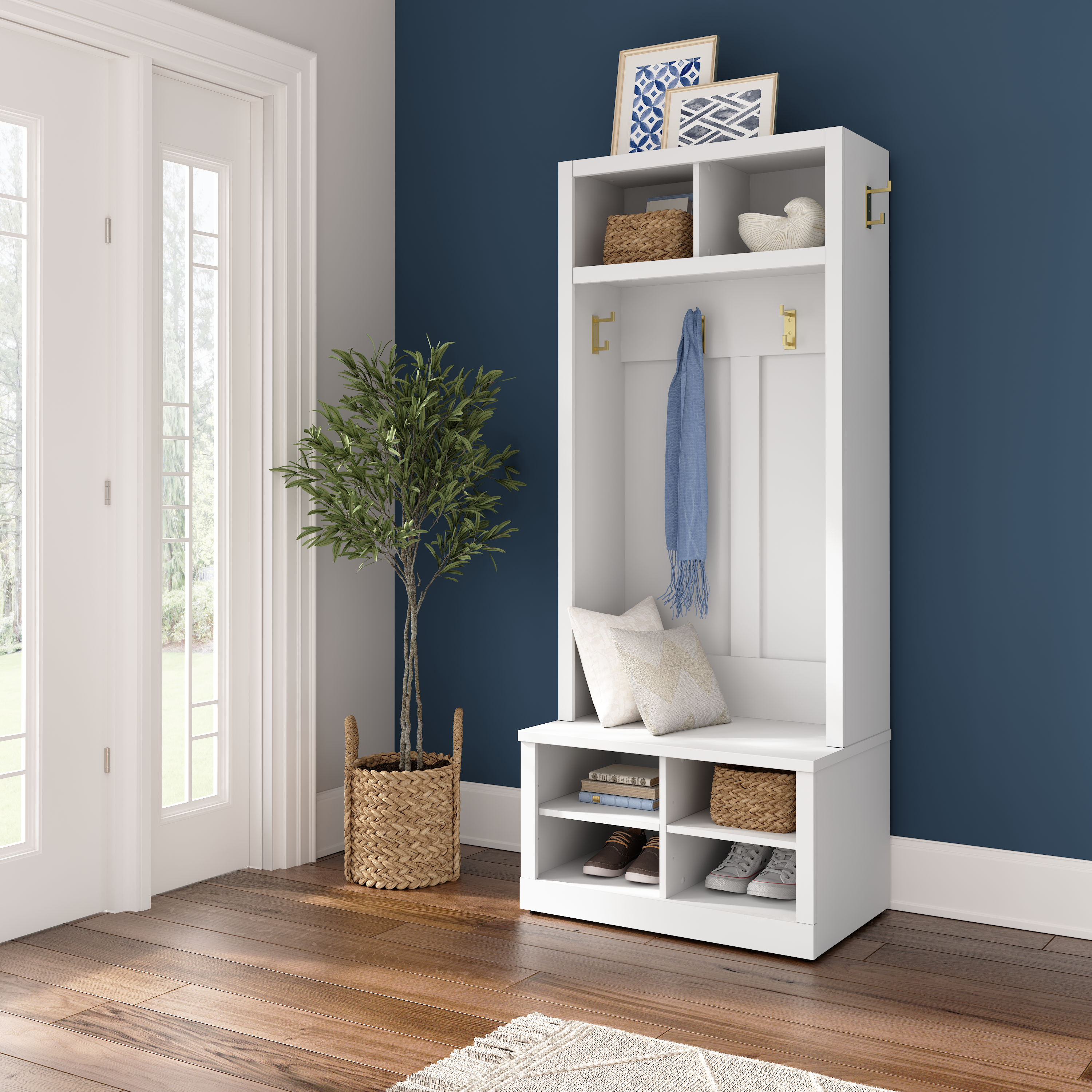 Shop Bush Furniture Hampton Heights Entryway Storage Set with 30W Hall Tree and Shoe Bench 01 HHS002WH #color_white