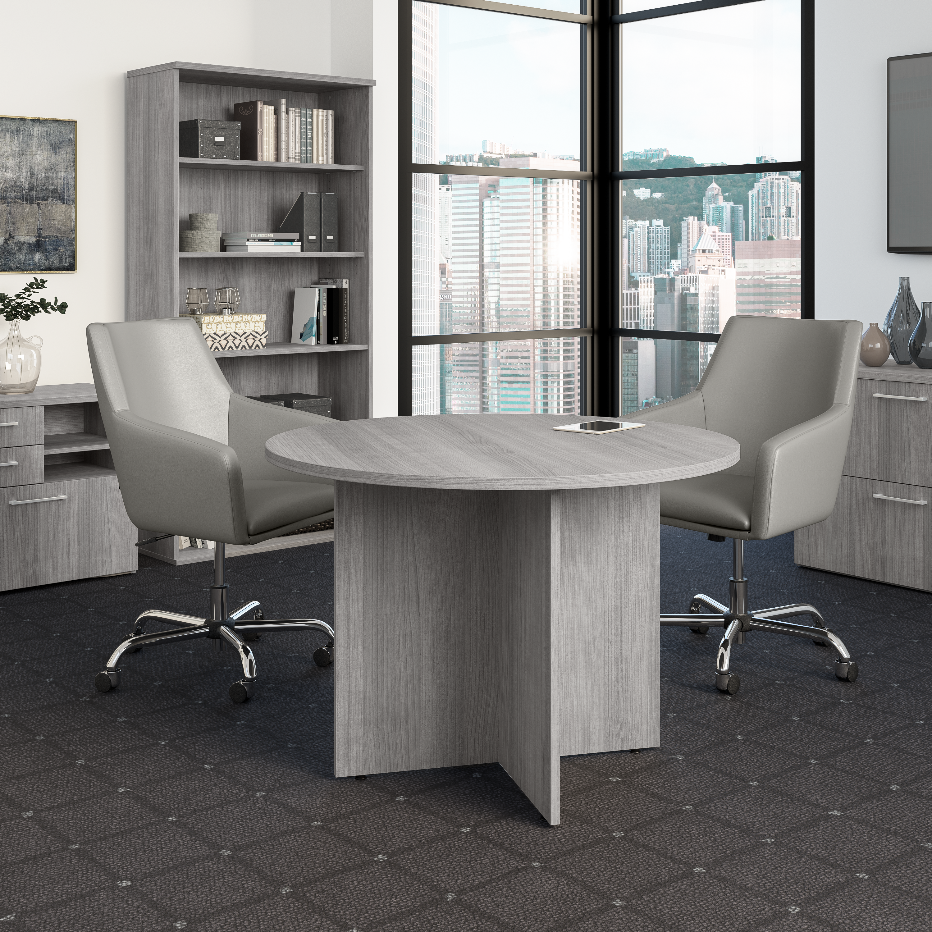Shop Bush Business Furniture 42W Round Conference Table with Wood Base 01 99TB42RPG #color_platinum gray