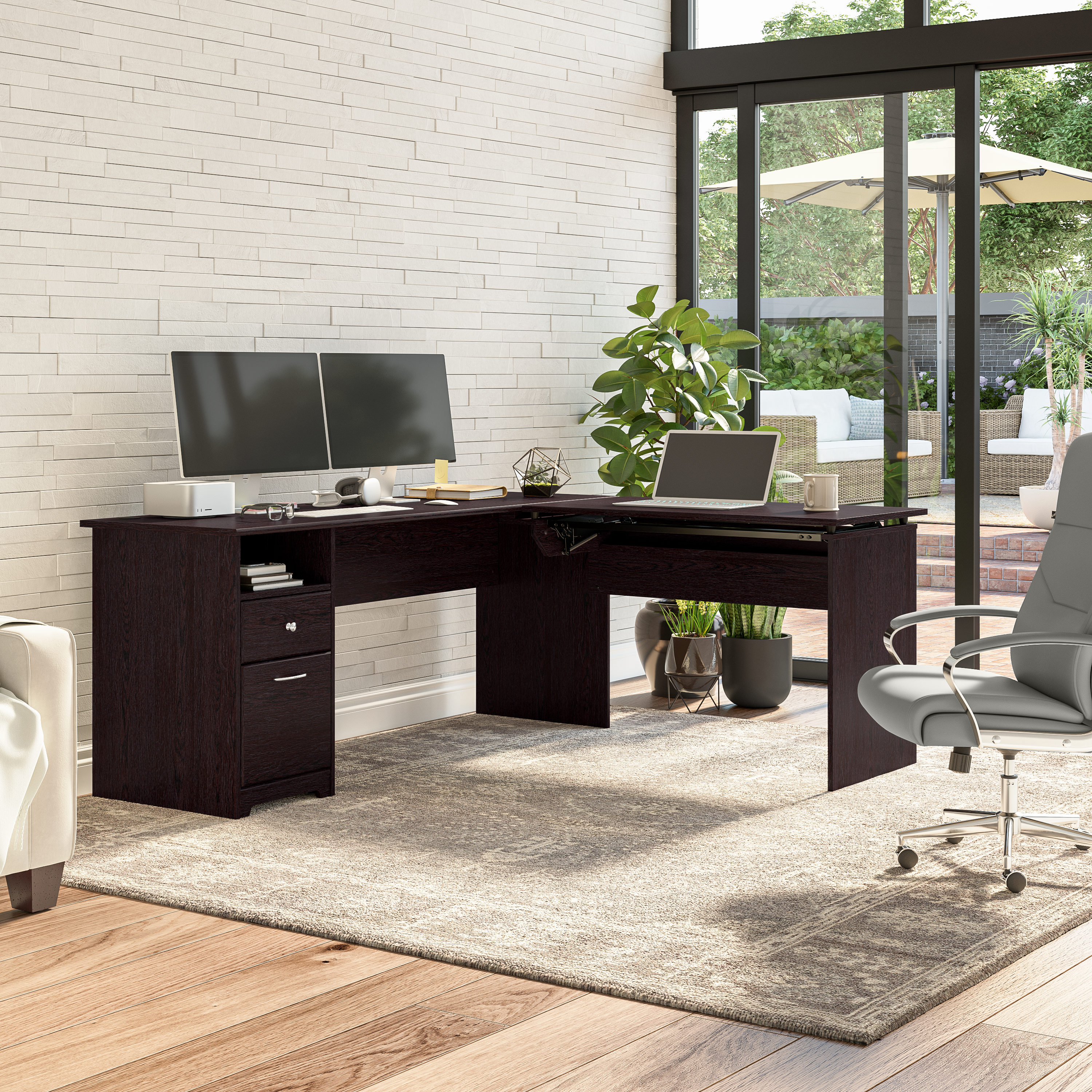 Shop Bush Furniture Cabot 72W 3 Position Sit to Stand L Shaped Desk 06 CAB050EPO #color_espresso oak