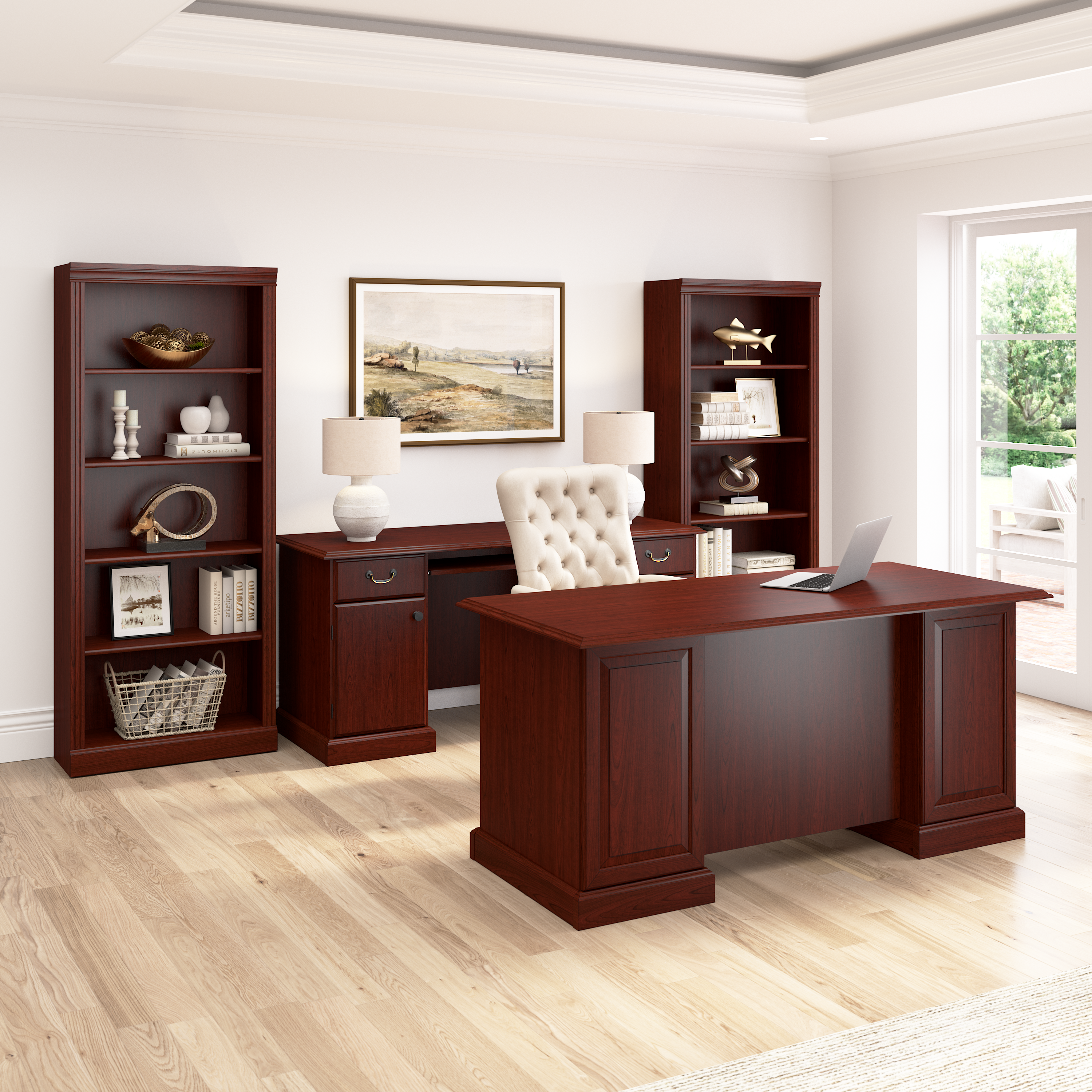 Shop Bush Business Furniture Arlington L Shaped Desk with Drawers and Keyboard Tray 09 WC65570-03K #color_harvest cherry
