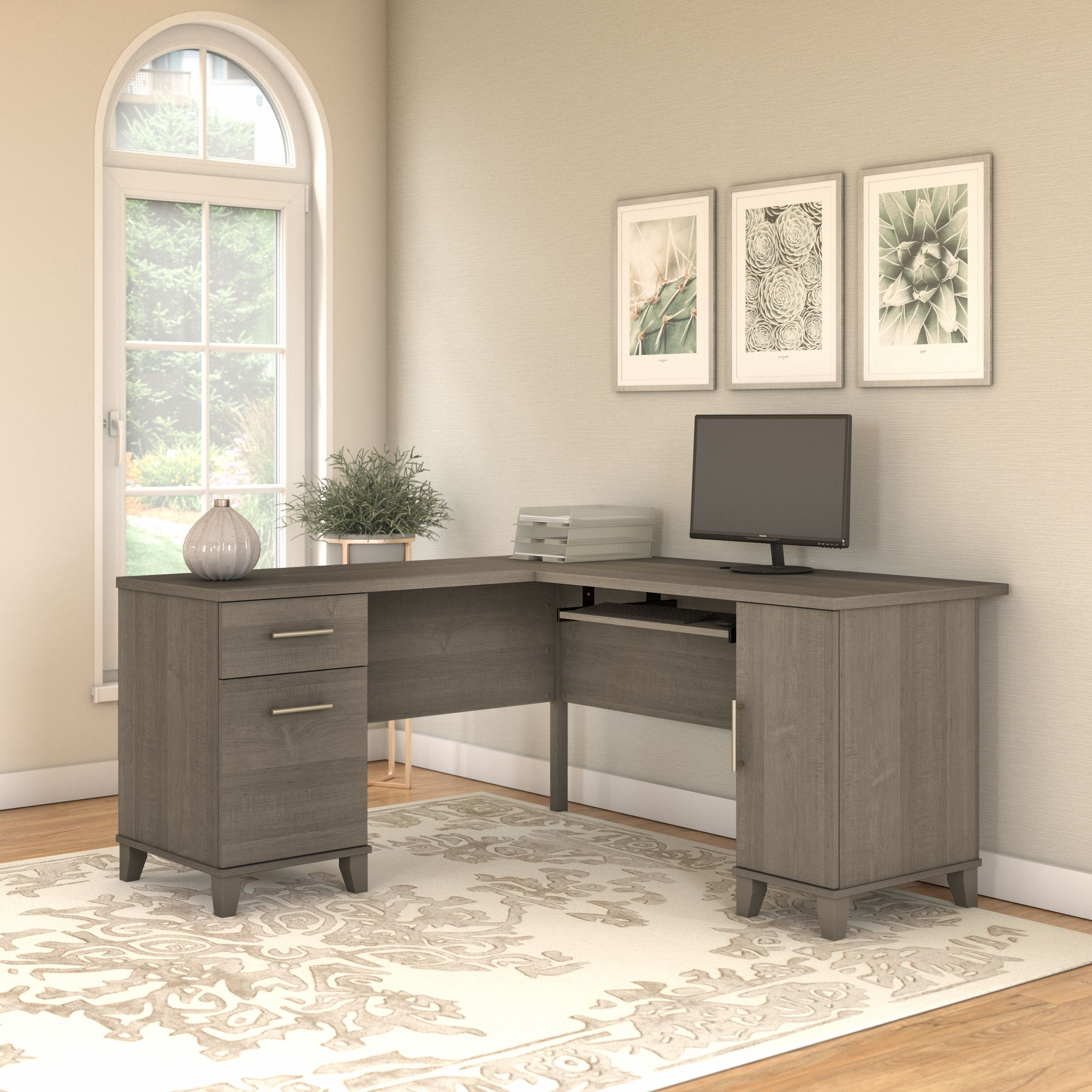 Shop Bush Furniture Somerset 60W L Shaped Desk with Storage 01 WC81630K #color_ash gray