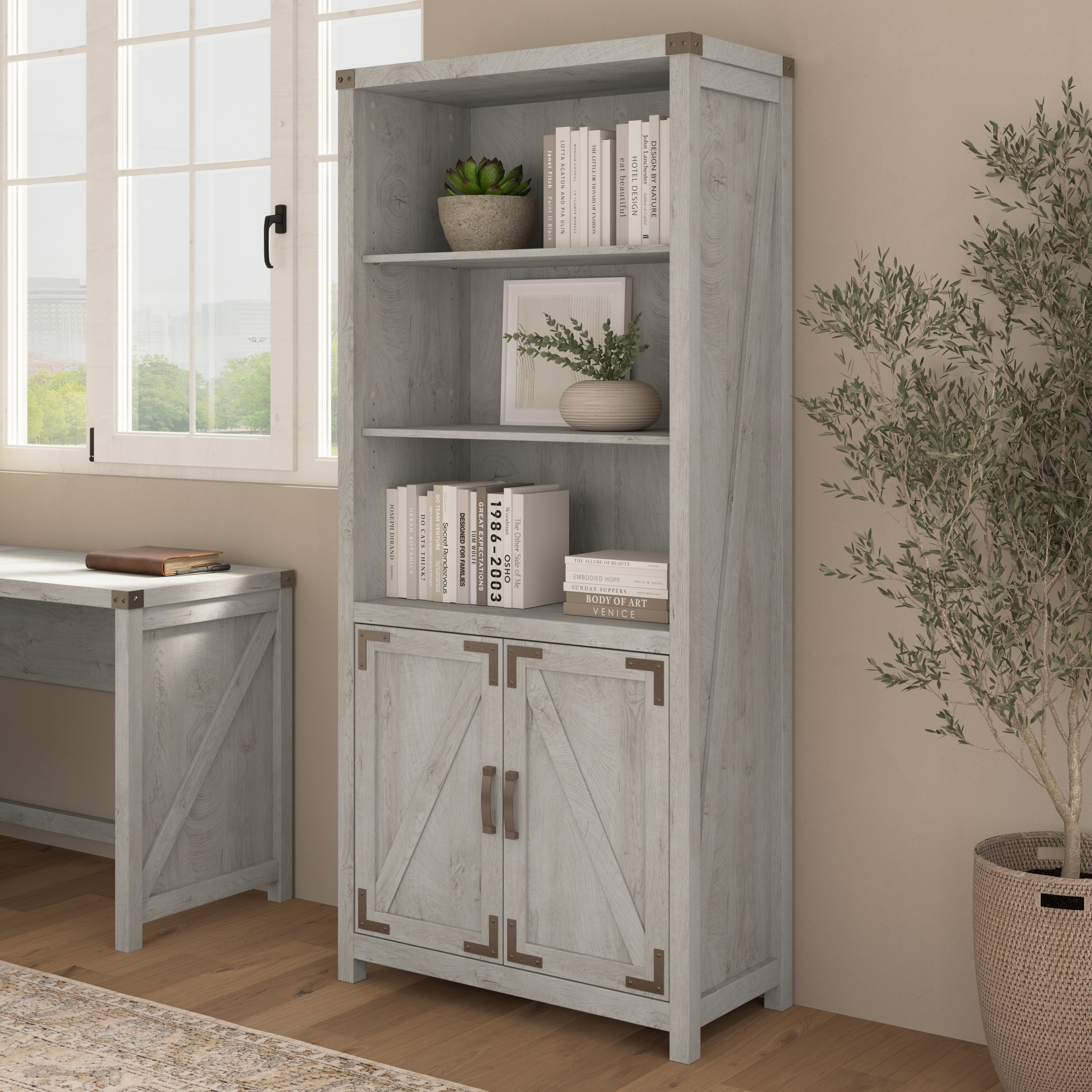 Shop Bush Furniture Knoxville Tall 5 Shelf Bookcase with Doors 01 CGB132CWH-03 #color_cottage white