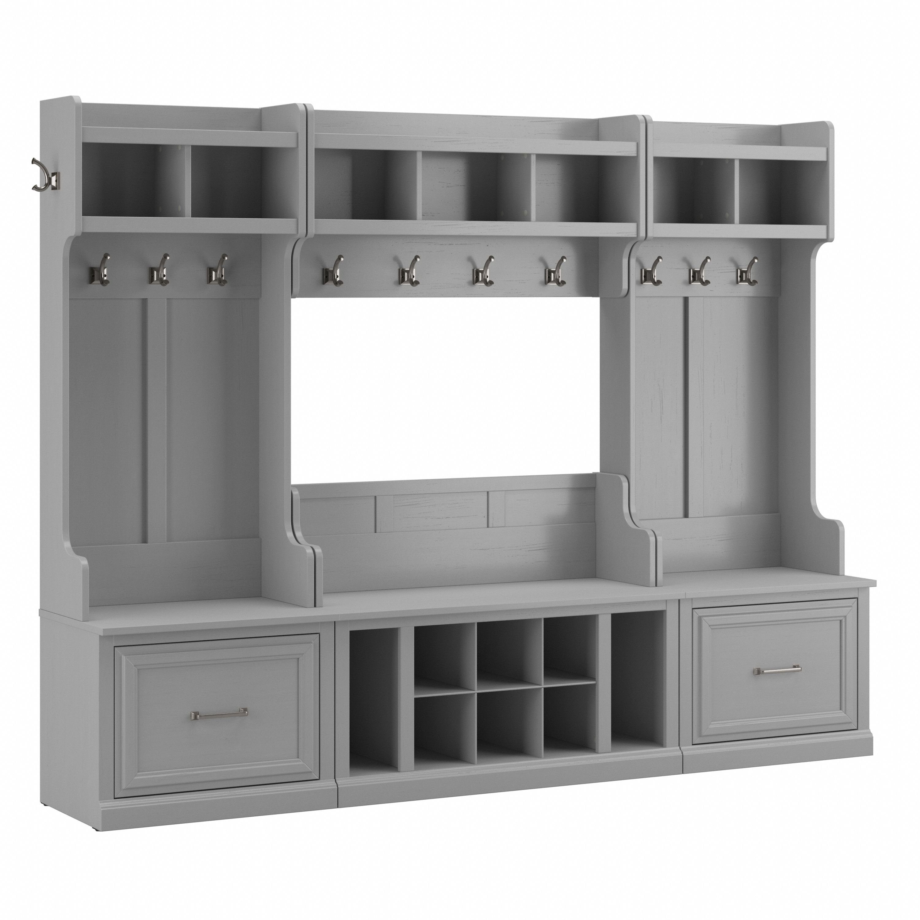 Shop Bush Furniture Woodland Full Entryway Storage Set with Coat Rack and Shoe Bench with Drawers 02 WDL014CG #color_cape cod gray