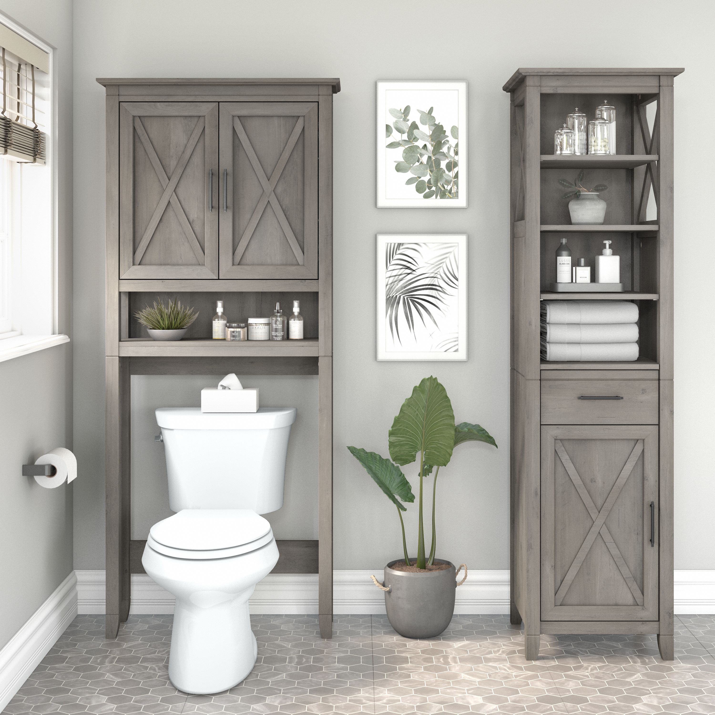 Shop Bush Furniture Key West Tall Linen Cabinet and Over The Toilet Storage Cabinet 01 KWS038DG #color_driftwood gray