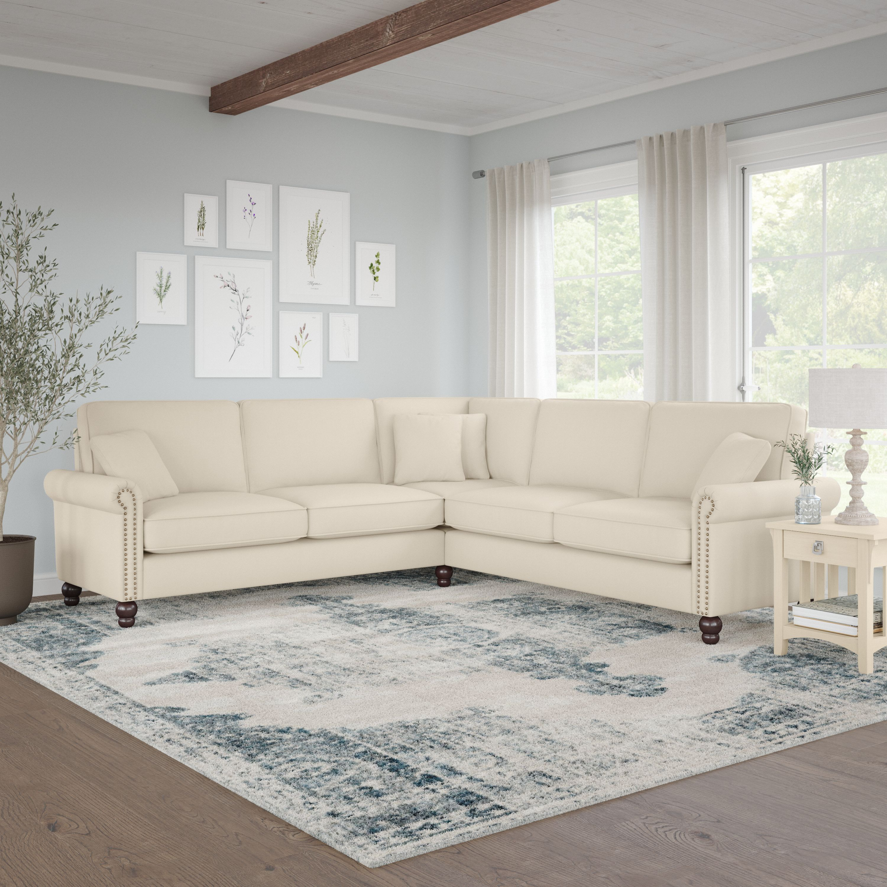 Shop Bush Furniture Coventry 99W L Shaped Sectional Couch 01 CVY98BCRH-03K #color_cream herringbone fabric