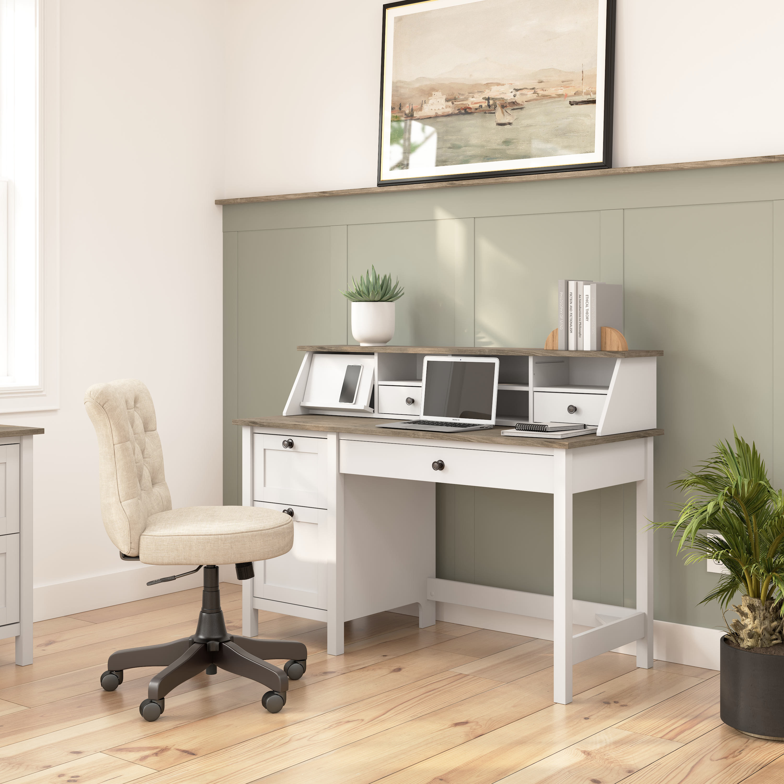 Shop Bush Furniture Mayfield 54W Computer Desk with Drawers and Desktop Organizer 01 MAY003GW2 #color_shiplap gray/pure white
