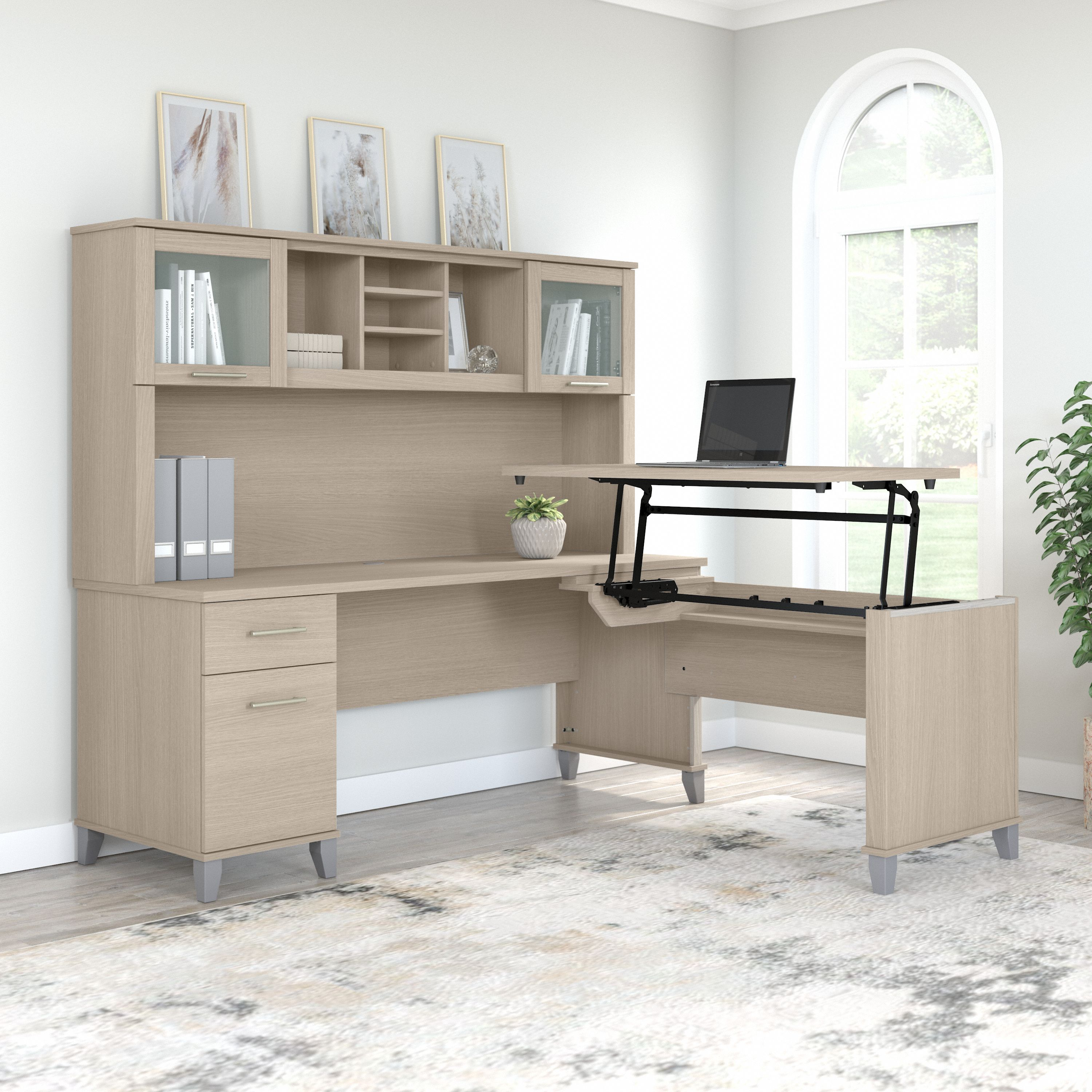 Shop Bush Furniture Somerset 72W 3 Position Sit to Stand L Shaped Desk with Hutch 01 SET015SO #color_sand oak