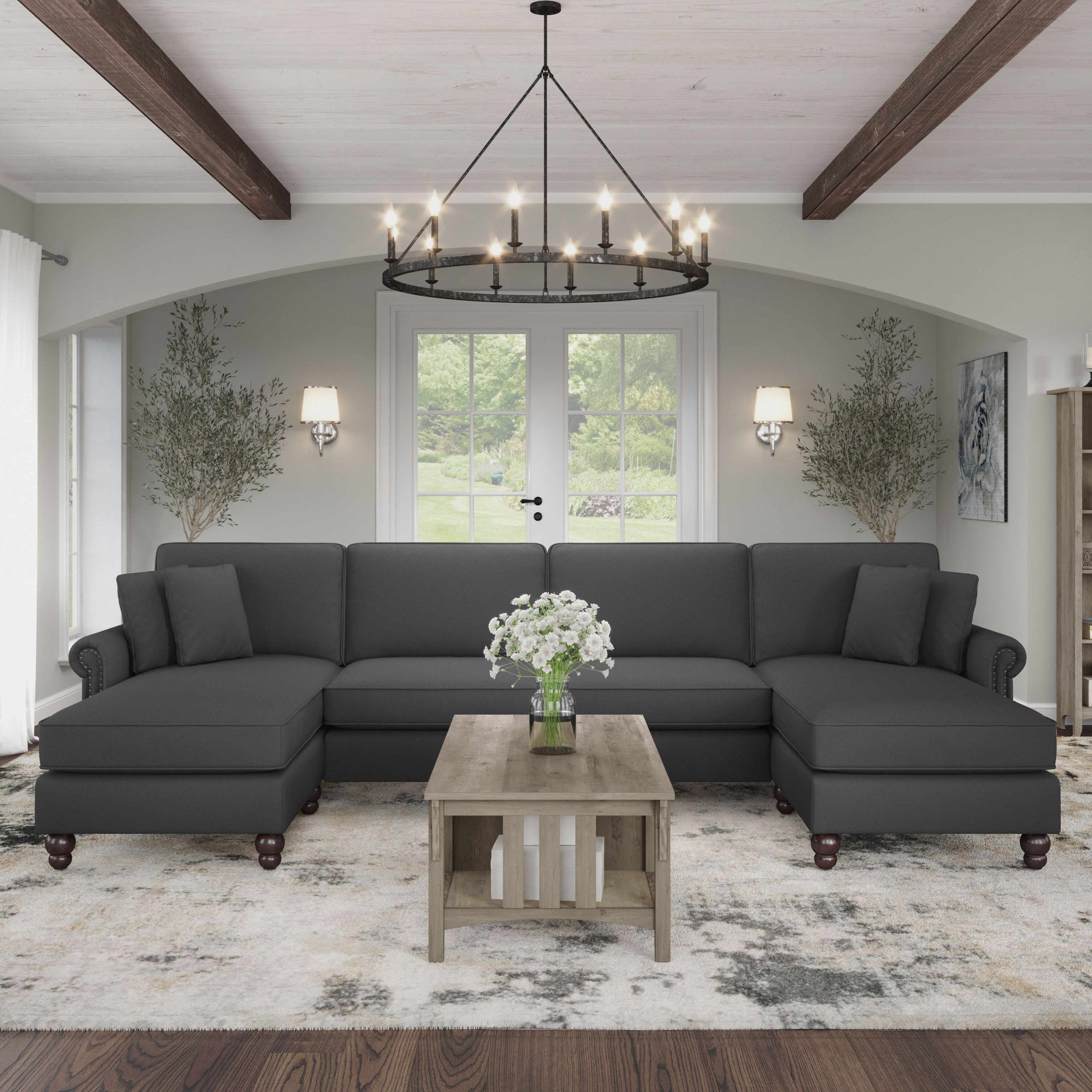 Shop Bush Furniture Coventry 131W Sectional Couch with Double Chaise Lounge 01 CVY130BCGH-03K #color_charcoal gray herringbone fabr