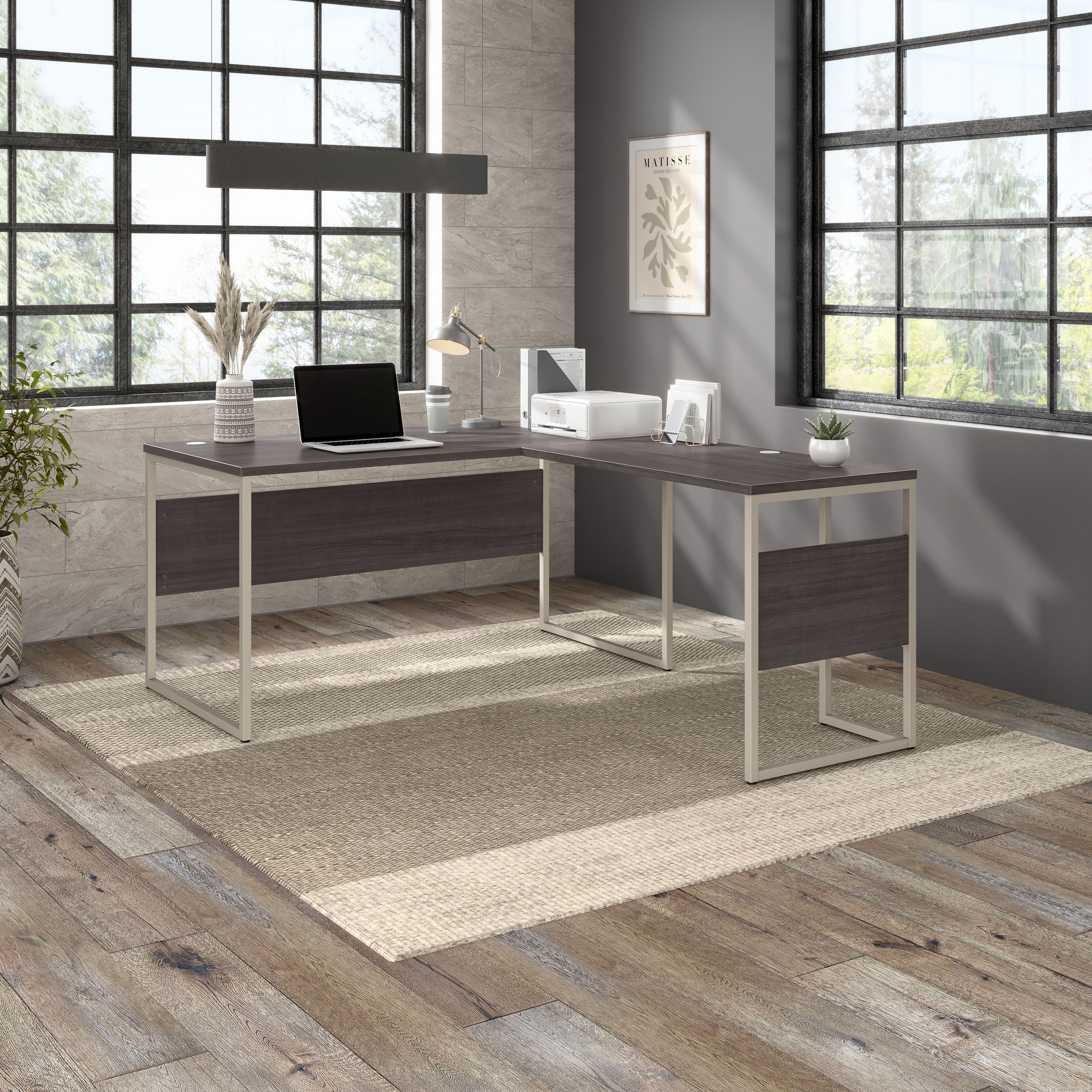 Shop Bush Business Furniture Hybrid 60W x 30D L Shaped Table Desk with Metal Legs 01 HYB027SG #color_storm gray