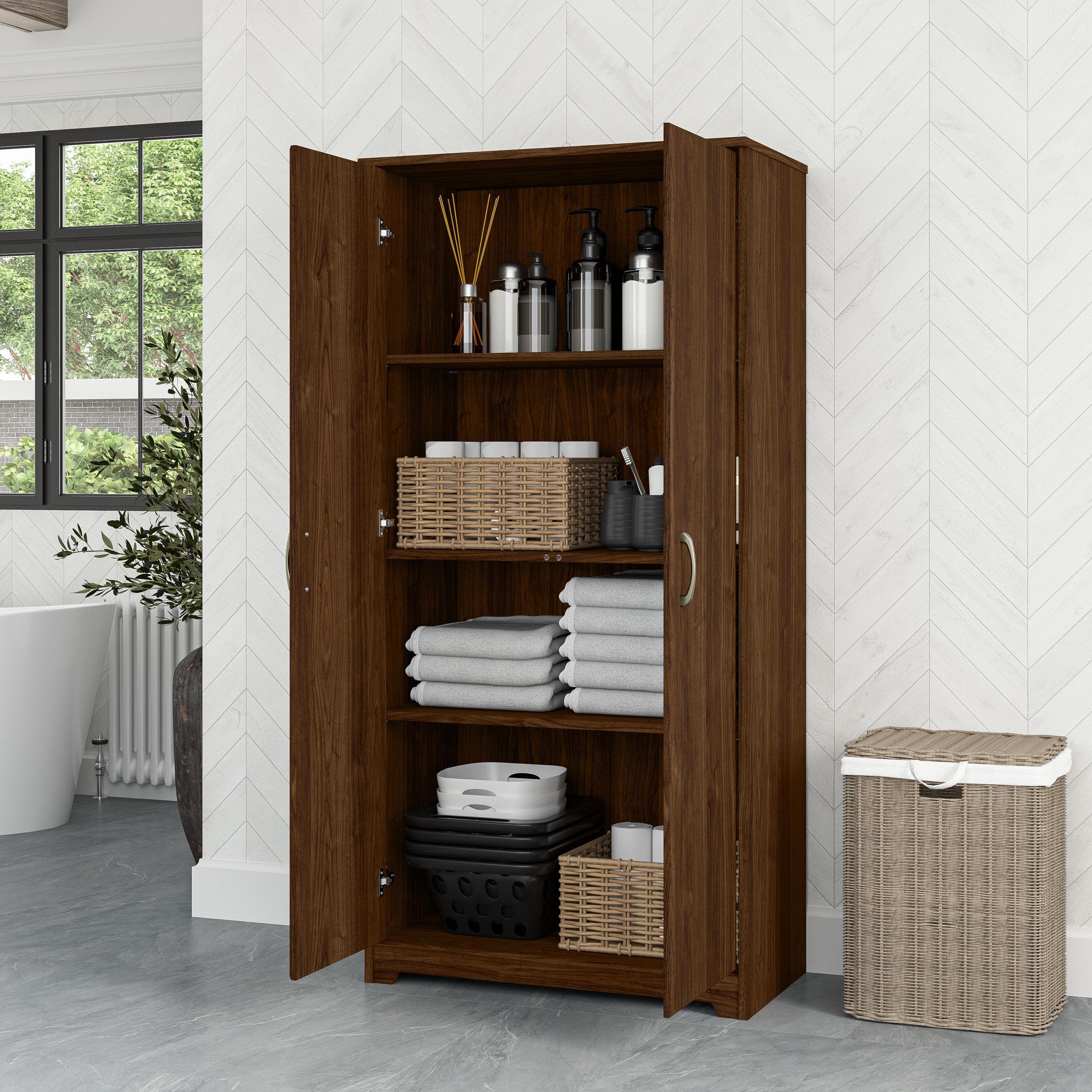 Shop Bush Furniture Cabot Tall Bathroom Storage Cabinet with Doors 06 WC31099-Z1 #color_modern walnut
