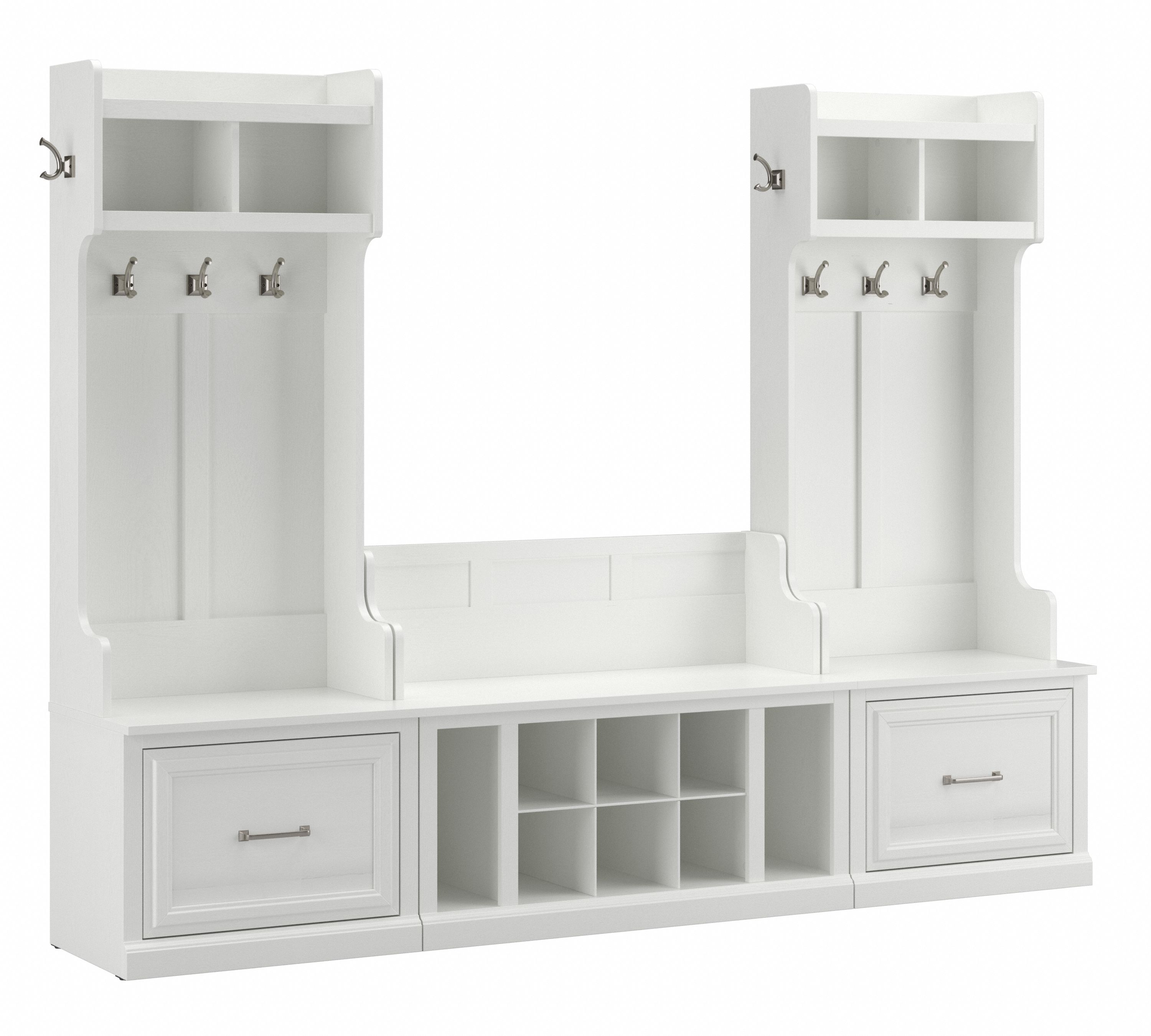 Shop Bush Furniture Woodland Entryway Storage Set with Hall Trees and Shoe Bench with Drawers 02 WDL012WAS #color_white ash
