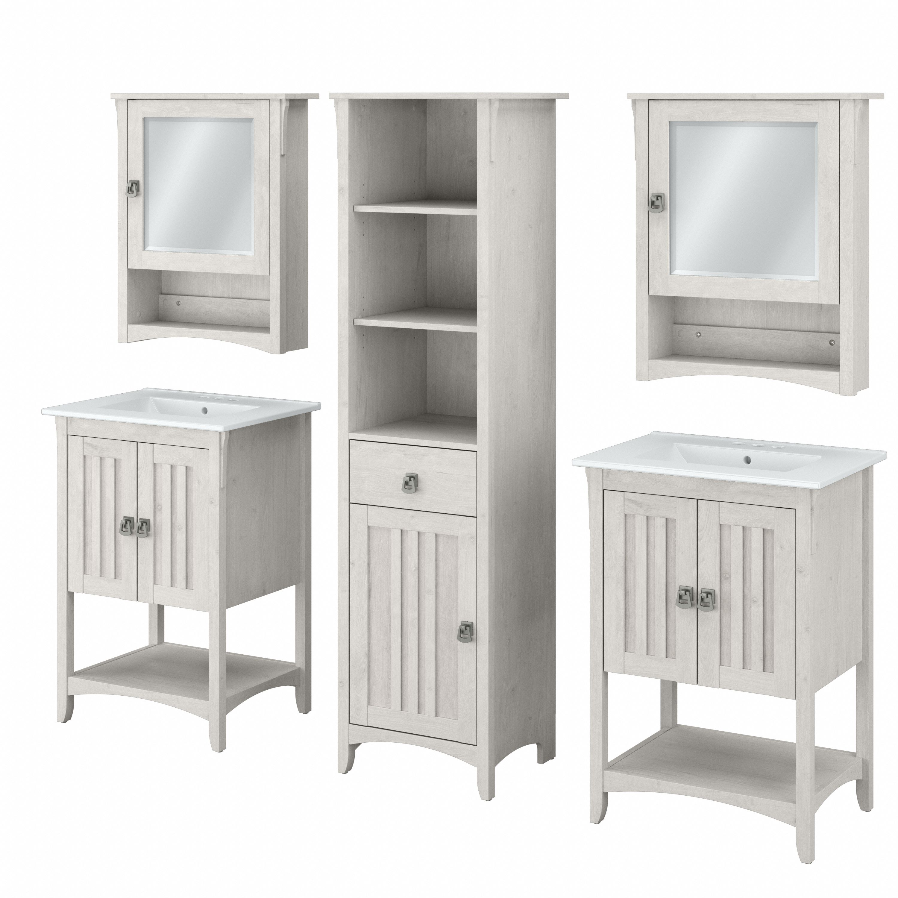 Shop Bush Furniture Salinas 48W Double Vanity Set with Sinks, Medicine Cabinets and Linen Tower 02 SAL034LW #color_linen white oak