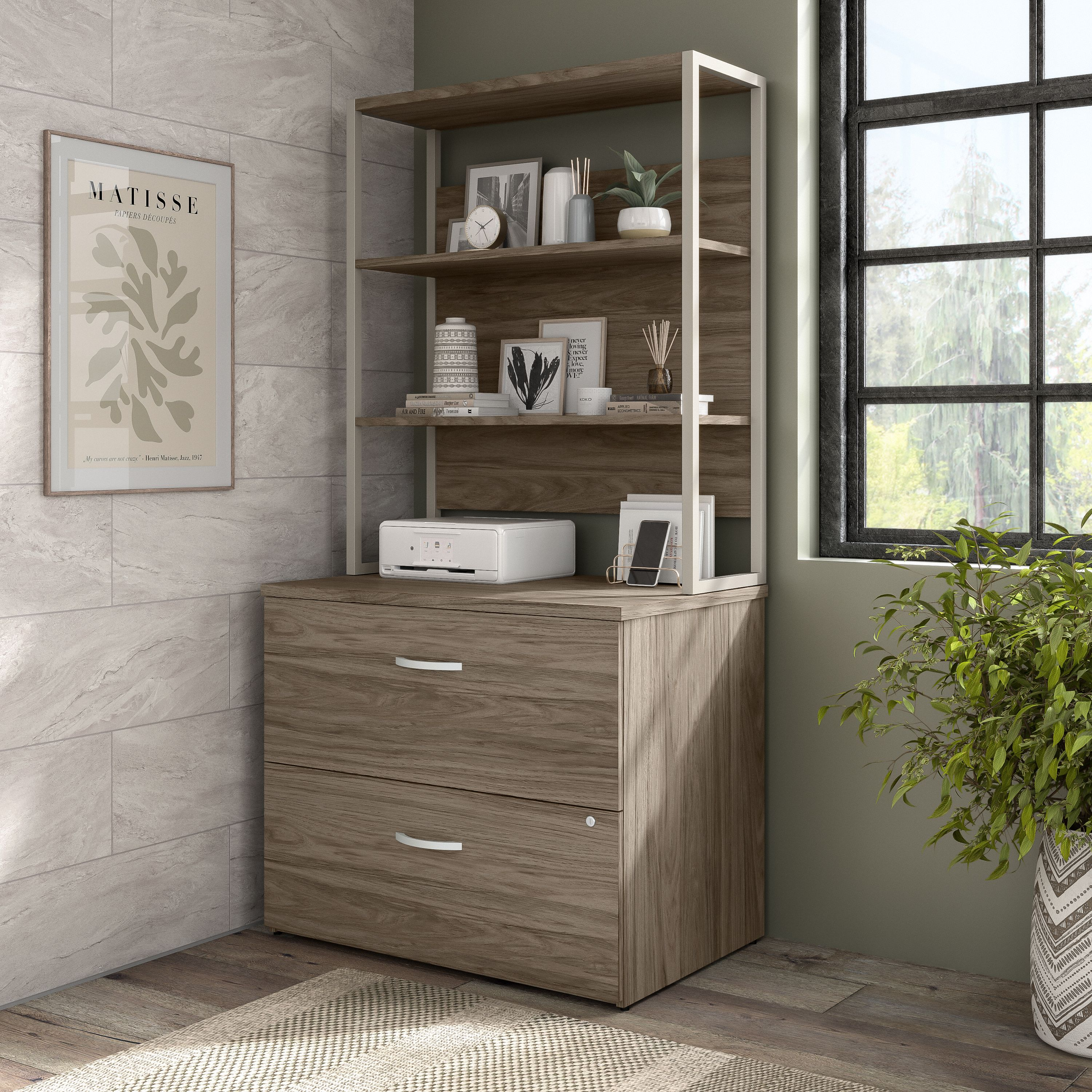 Shop Bush Business Furniture Hybrid 2 Drawer Lateral File Cabinet with Shelves 01 HYB018MHSU #color_modern hickory
