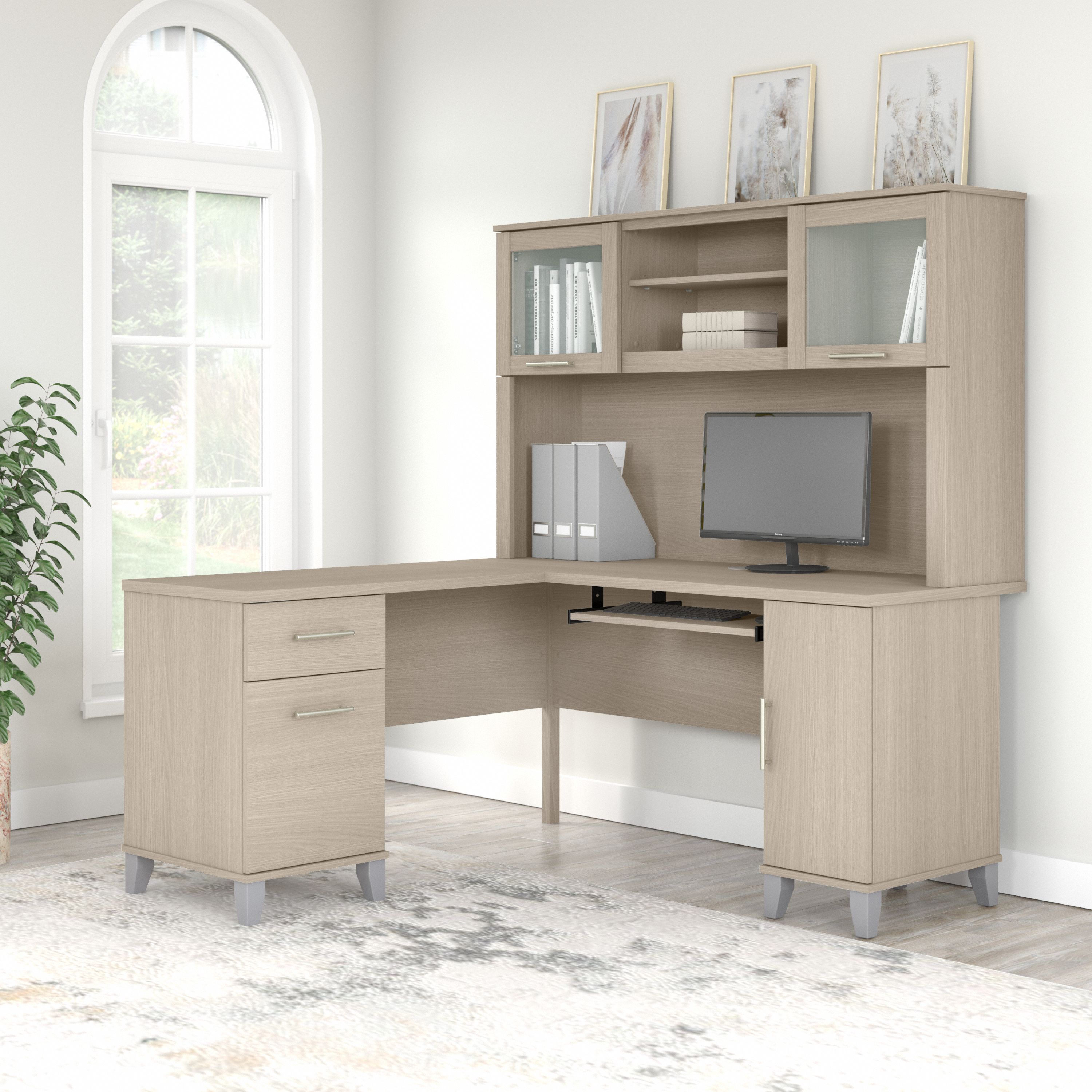 Shop Bush Furniture Somerset 60W L Shaped Desk with Hutch 01 SET002SO #color_sand oak