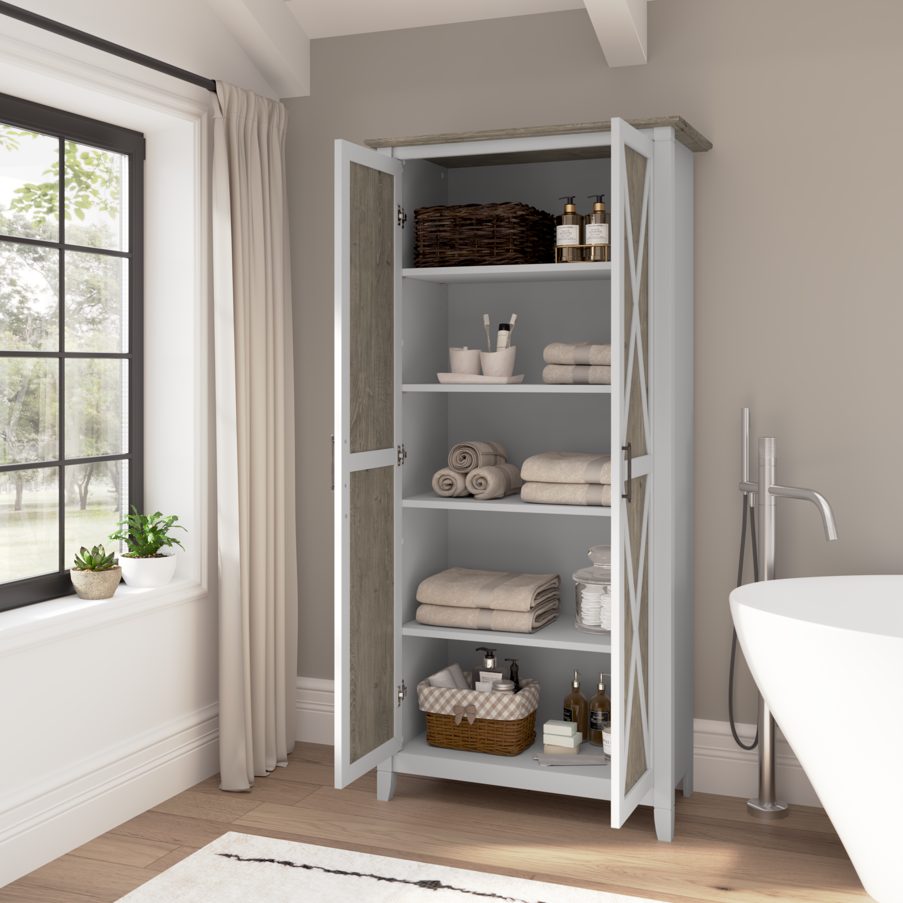 Shop Bush Furniture Key West Tall Bathroom Cabinet with Doors and Shelves 06 KWS266G2W-Z1 #color_shiplap gray/pure white