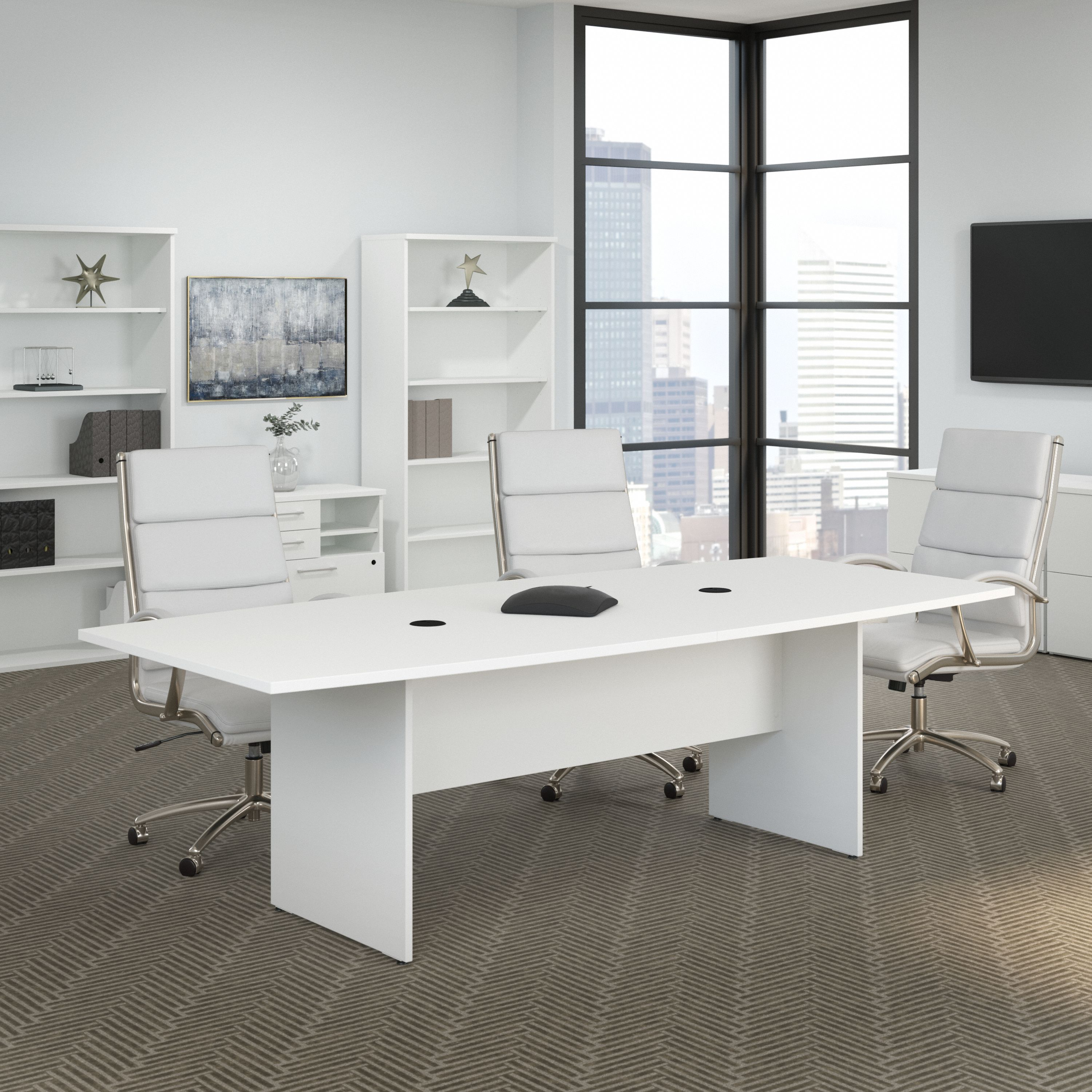 Shop Bush Business Furniture 96W x 42D Boat Shaped Conference Table with Wood Base 01 99TB9642WHK #color_white