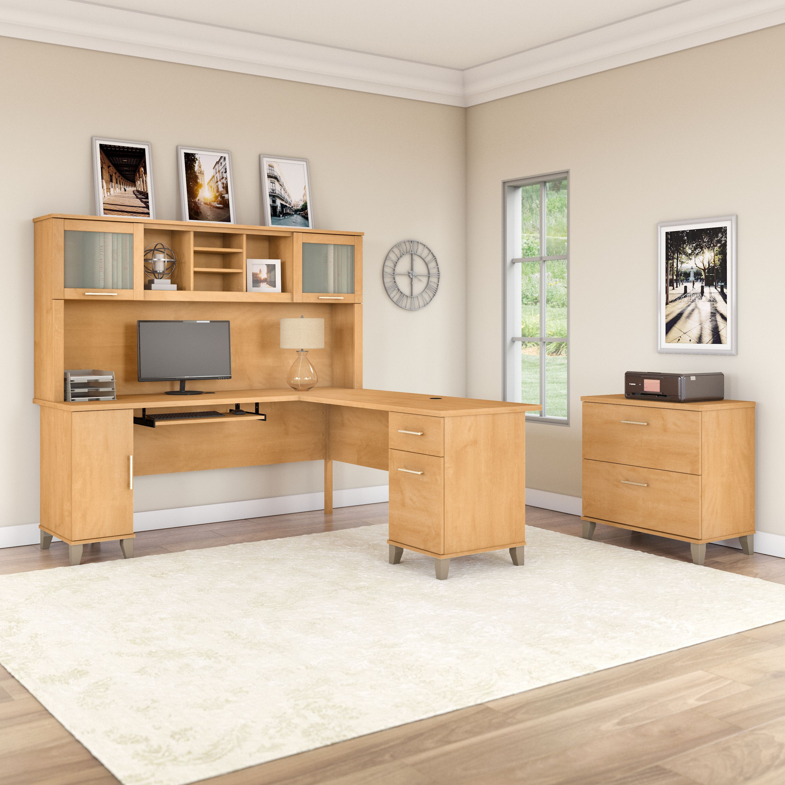 Shop Bush Furniture Somerset 72W L Shaped Desk with Hutch and Lateral File Cabinet 01 SET009MC #color_maple cross
