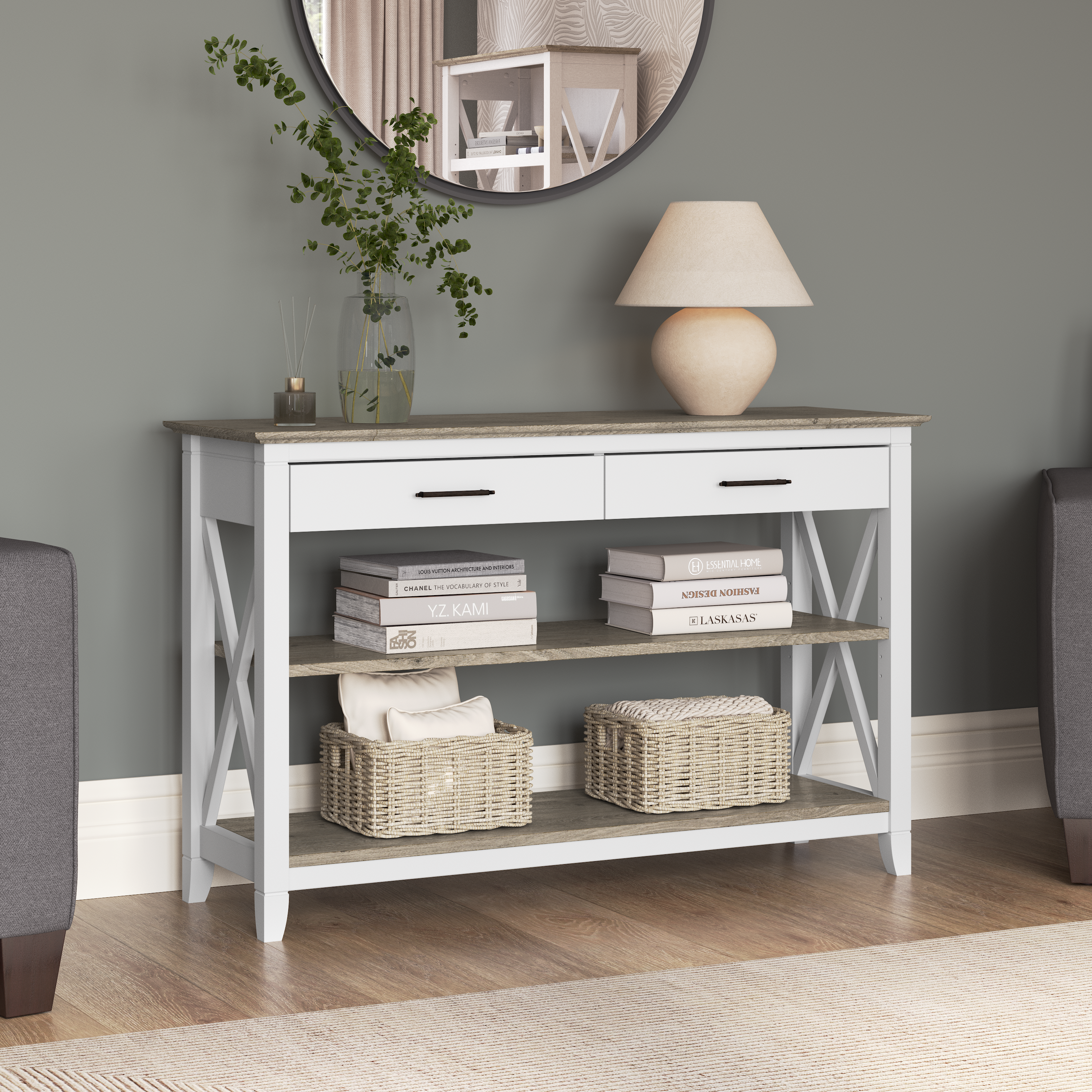 Shop Bush Furniture Key West Console Table with Drawers and Shelves 01 KWT248G2W-03 #color_shiplap gray/pure white