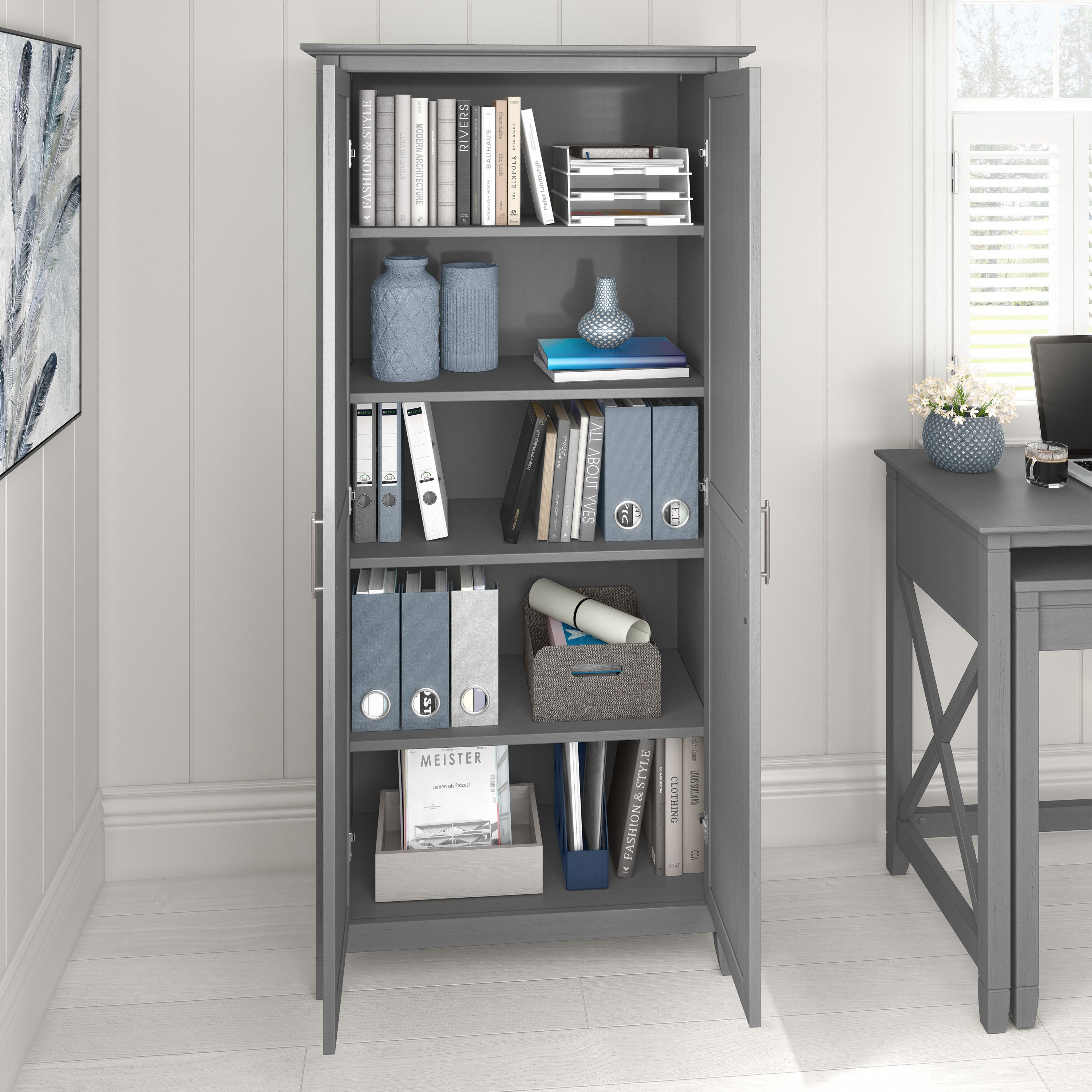 Shop Bush Furniture Key West Tall Storage Cabinet with Doors 06 KWS266CG-03 #color_cape cod gray