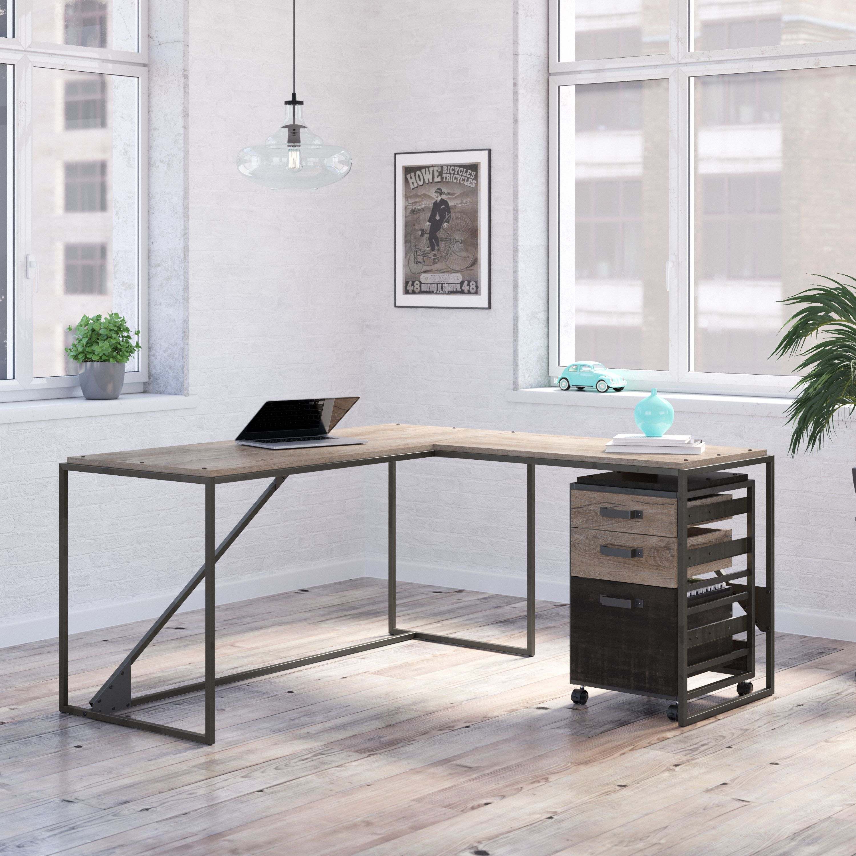 Shop Bush Furniture Refinery 62W L Shaped Industrial Desk with 3 Drawer Mobile File Cabinet 01 RFY018RG #color_rustic gray/charred wood