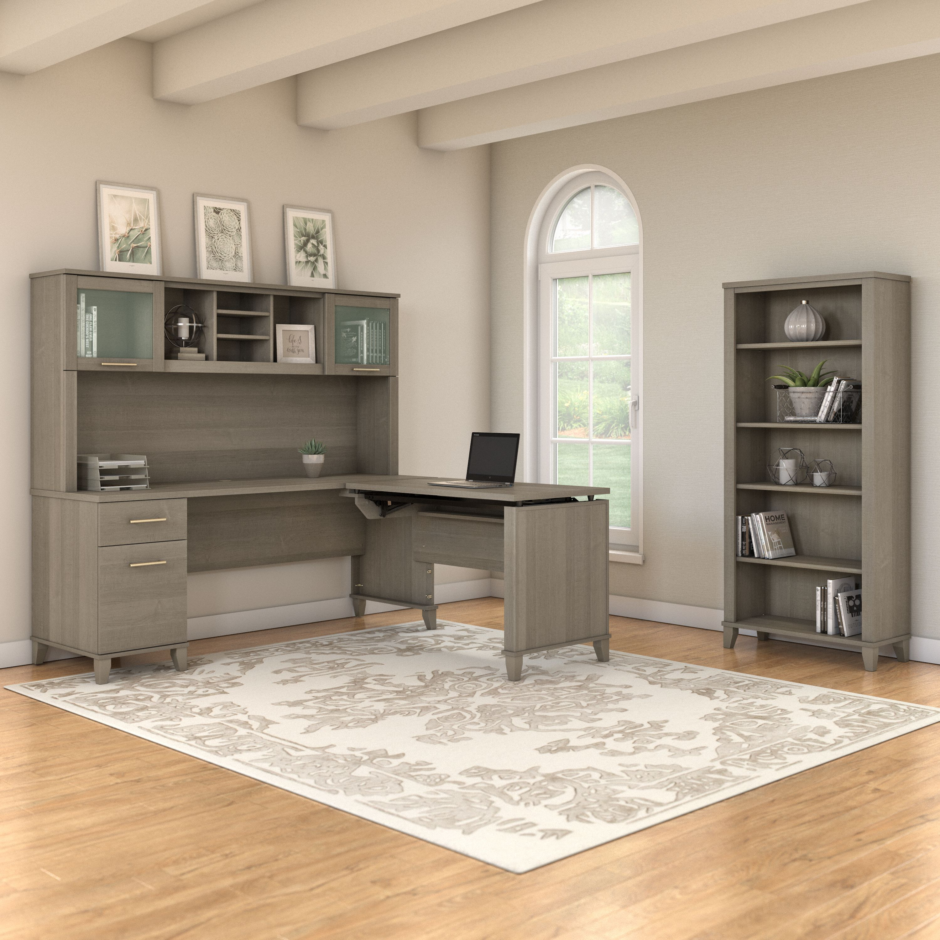 Shop Bush Furniture Somerset 72W 3 Position Sit to Stand L Shaped Desk with Hutch and Bookcase 06 SET017AG #color_ash gray