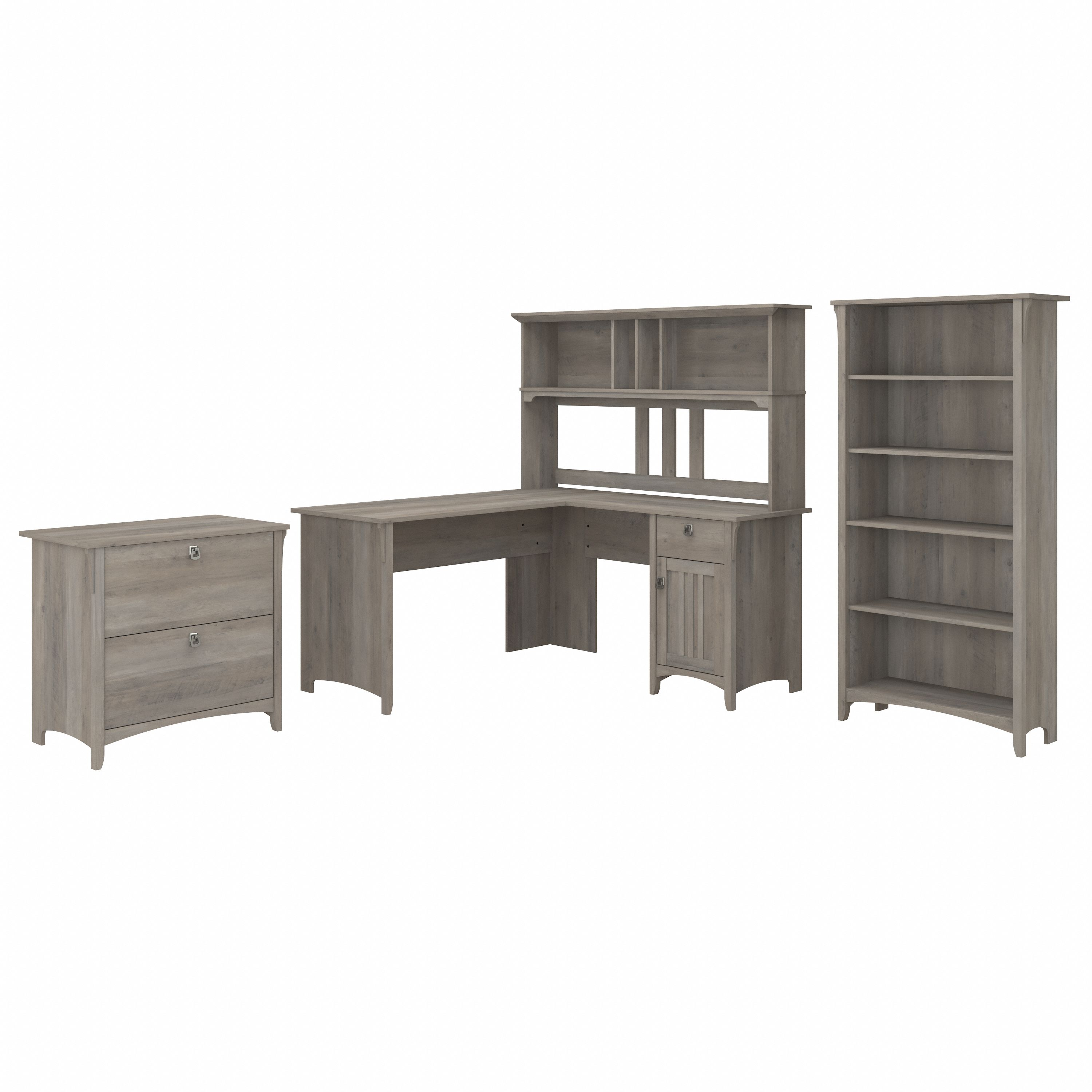 Shop Bush Furniture Salinas 60W L Shaped Desk with Hutch, Lateral File Cabinet and 5 Shelf Bookcase 02 SAL007DG #color_driftwood gray