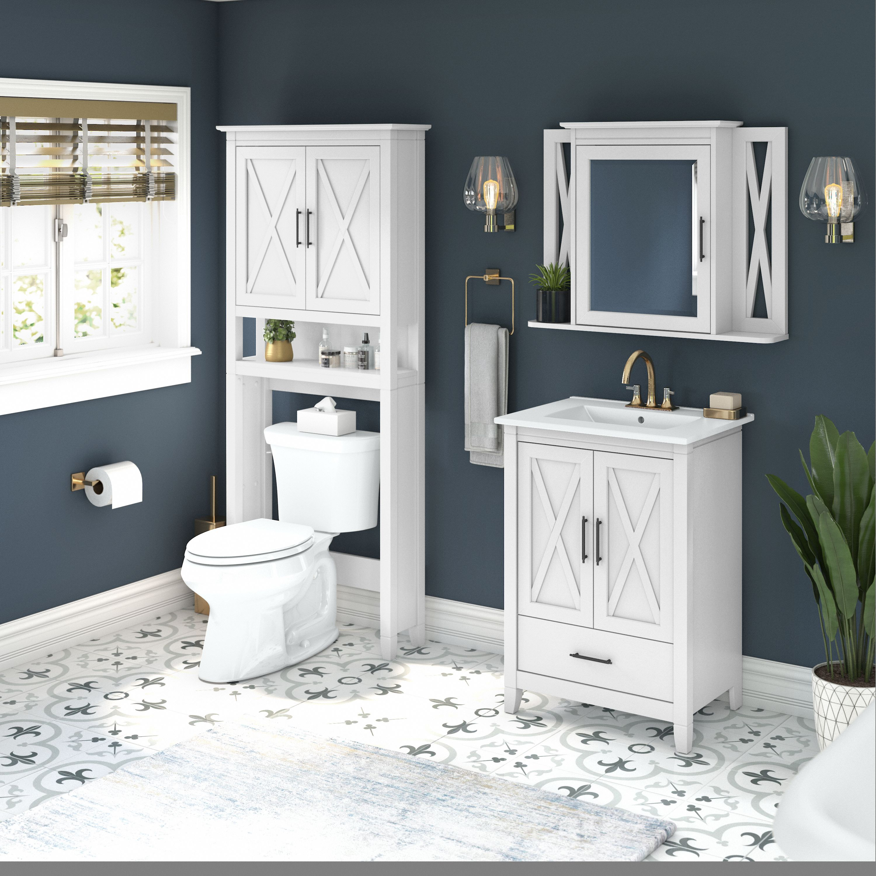 Shop Bush Furniture Key West 24W Bathroom Vanity Sink with Mirror and Over The Toilet Storage Cabinet 01 KWS031WAS #color_white ash