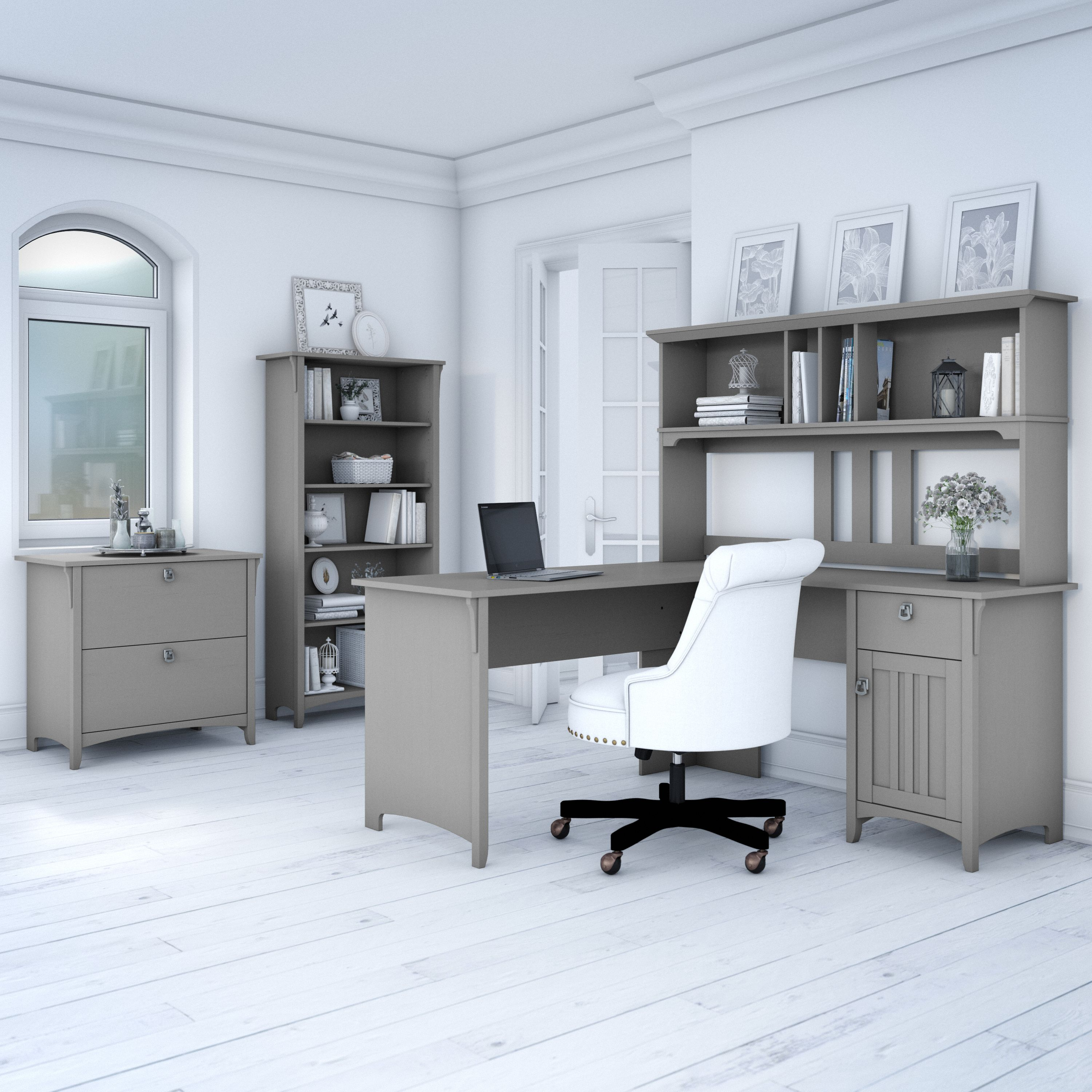 Shop Bush Furniture Salinas 60W L Shaped Desk with Hutch, Lateral File Cabinet and 5 Shelf Bookcase 01 SAL007CG #color_cape cod gray