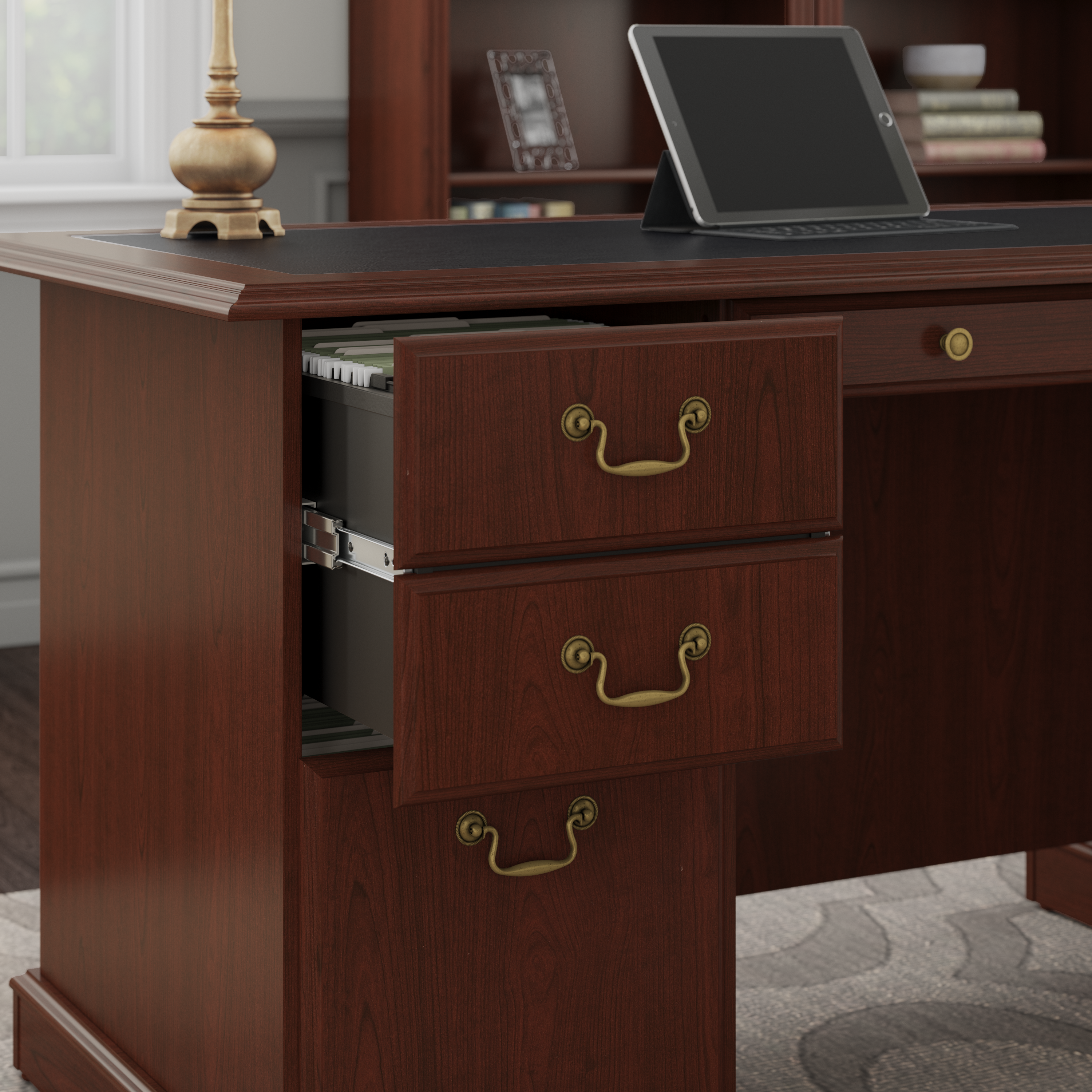 Shop Bush Furniture Saratoga Executive Desk and Bookcase Set 03 SAR003CS #color_harvest cherry