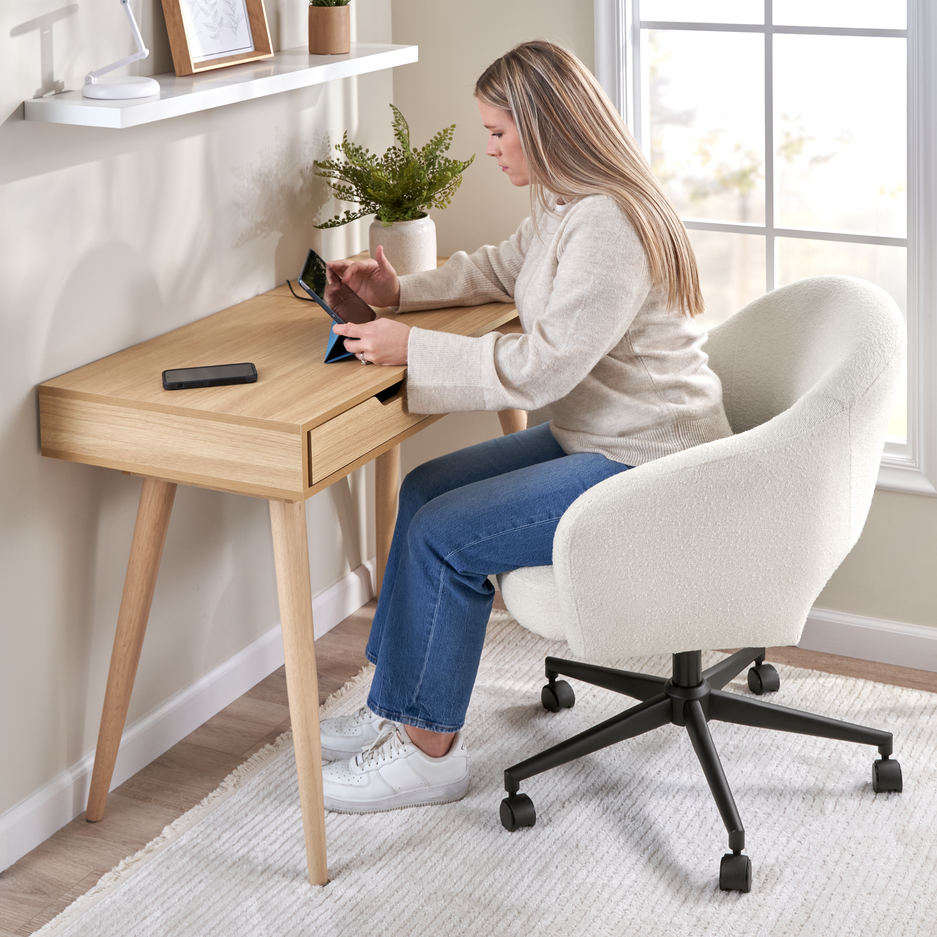 Shop Bush Furniture Nora 40W Small Writing Desk and Chair Set for Home Office 03 NRA002NO #color_natural oak/light cream fabric