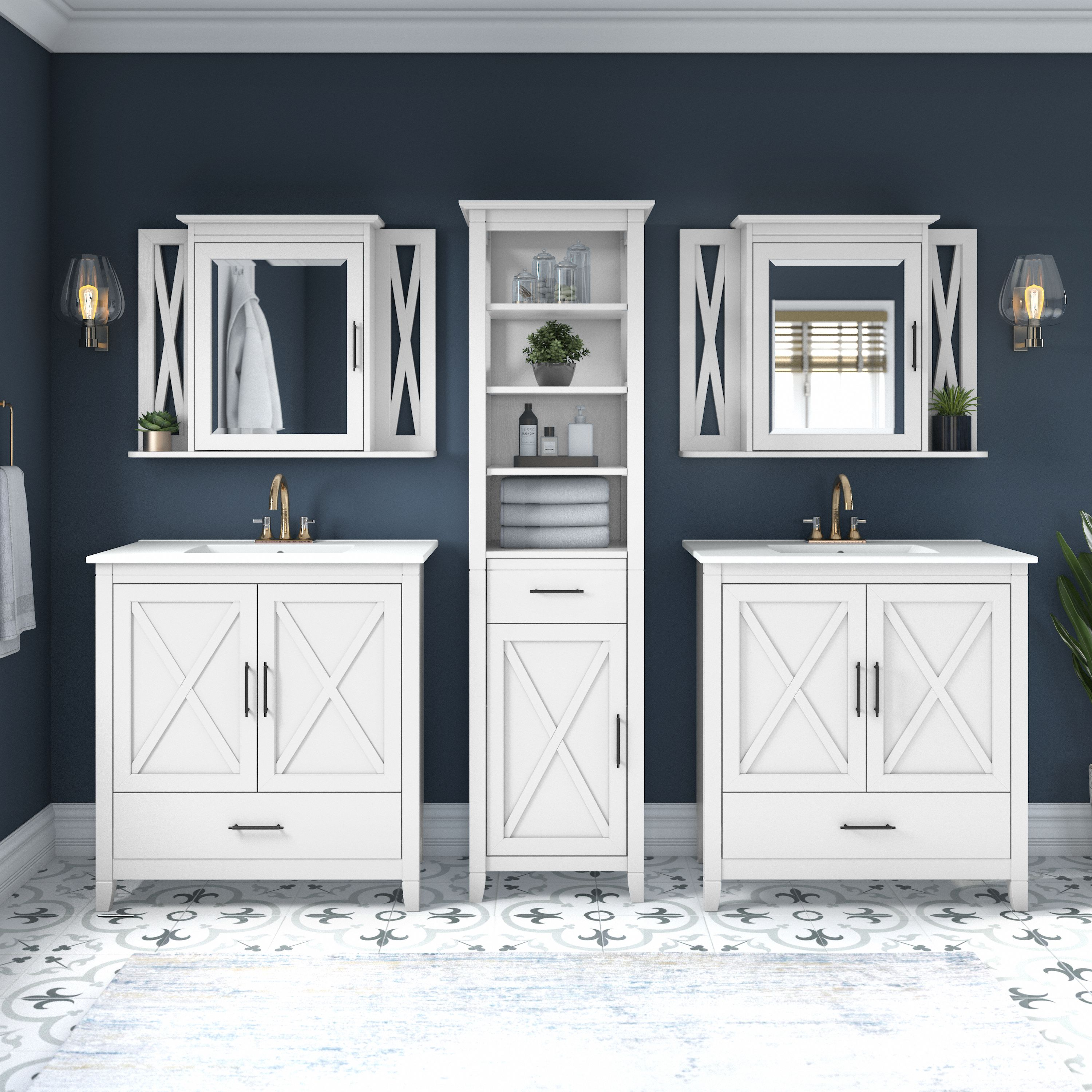 Shop Bush Furniture Key West 64W Double Vanity Set with Sinks, Medicine Cabinets and Linen Tower 01 KWS044WAS #color_white ash