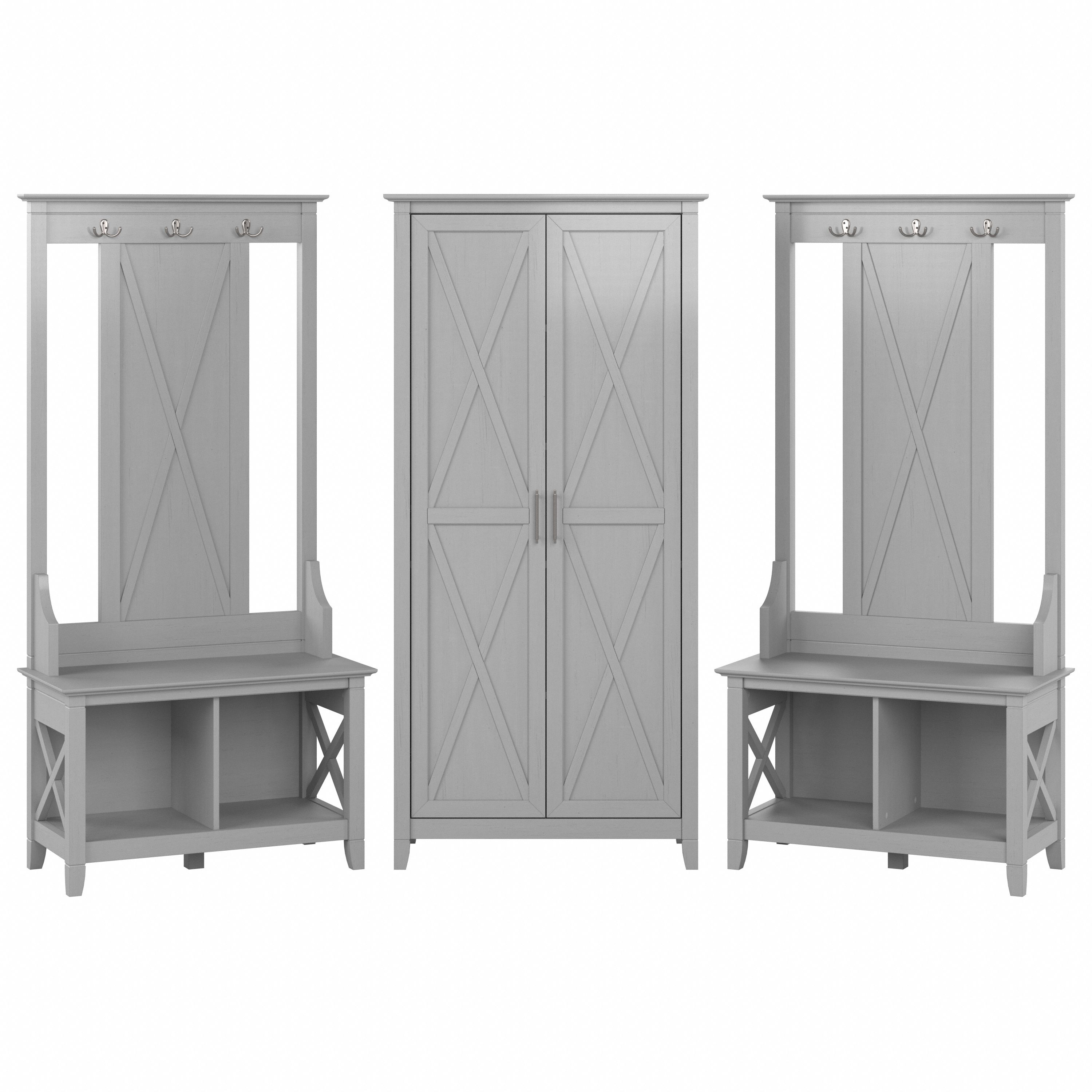 Shop Bush Furniture Key West Entryway Storage Set with Hall Tree, Shoe Bench and Tall Cabinet 02 KWS057CG #color_cape cod gray