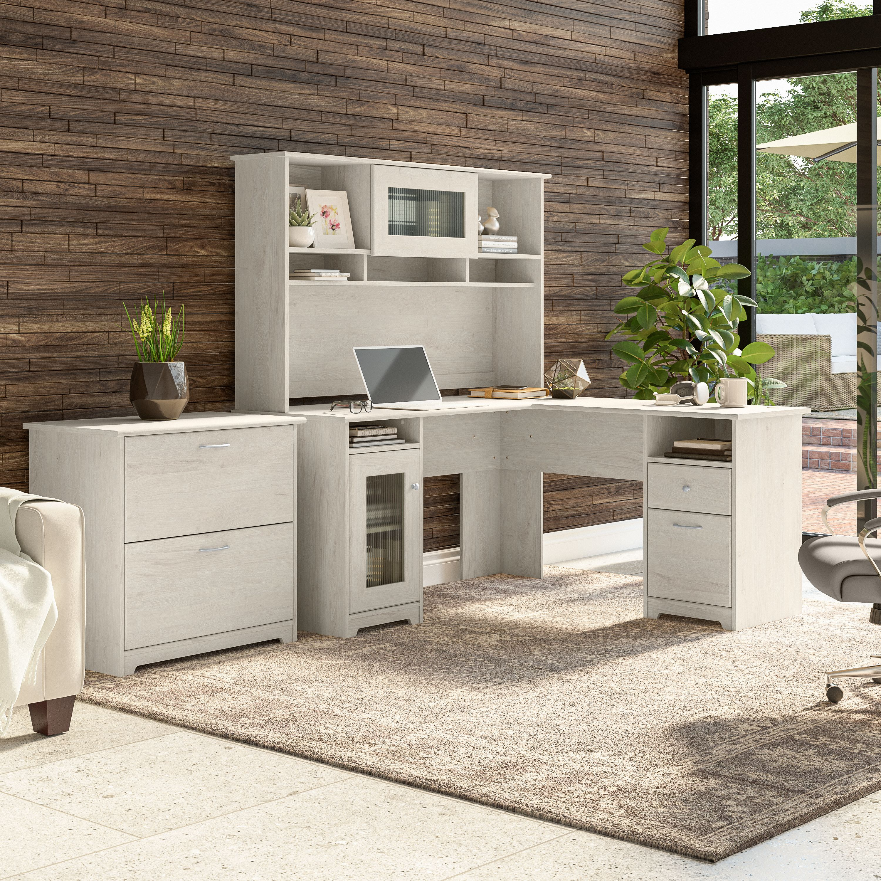 Shop Bush Furniture Cabot 60W L Shaped Computer Desk with Hutch and Lateral File Cabinet 01 CAB005LW #color_linen white oak
