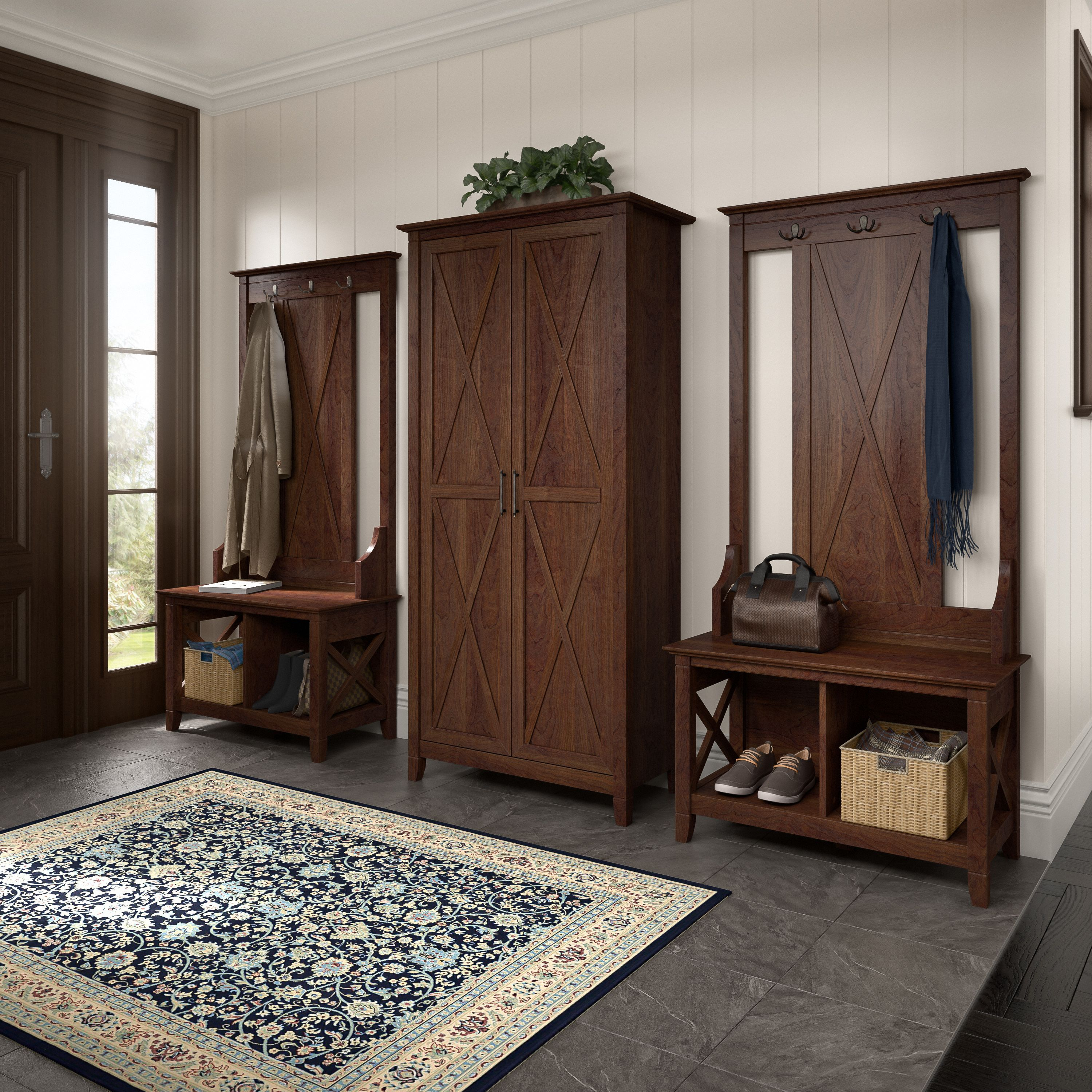 Shop Bush Furniture Key West Entryway Storage Set with Hall Tree, Shoe Bench and Tall Cabinet 01 KWS057BC #color_bing cherry
