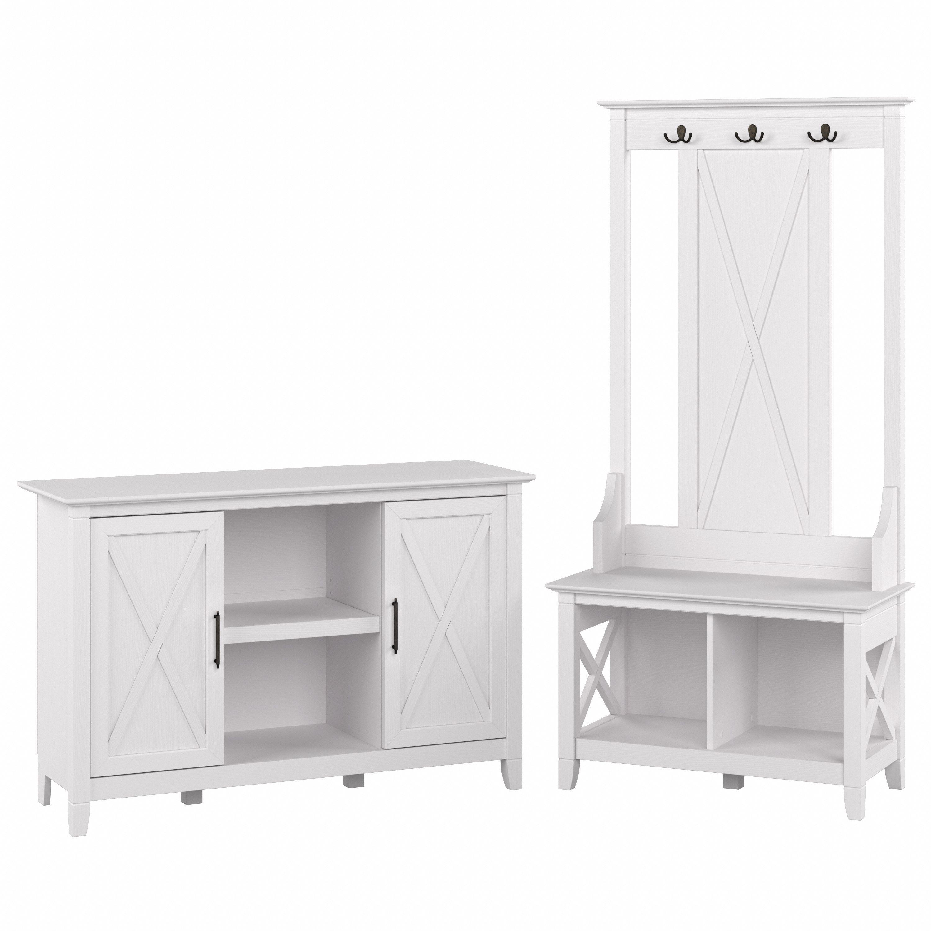 Shop Bush Furniture Key West Entryway Storage Set with Hall Tree, Shoe Bench and 2 Door Cabinet 02 KWS054WT #color_pure white oak