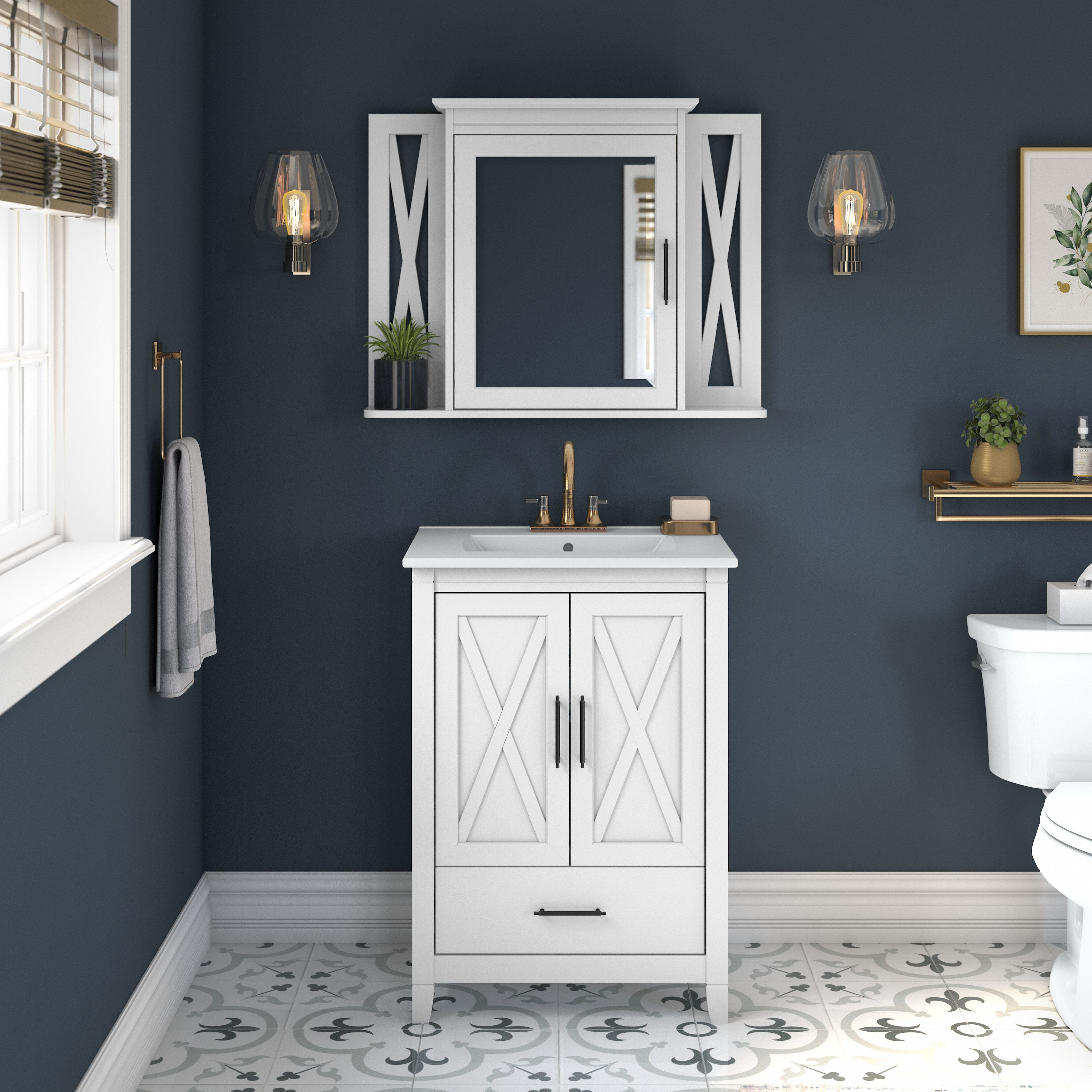 Shop Bush Furniture Key West 24W Bathroom Vanity Sink with Mirror 01 KWS029WAS #color_white ash