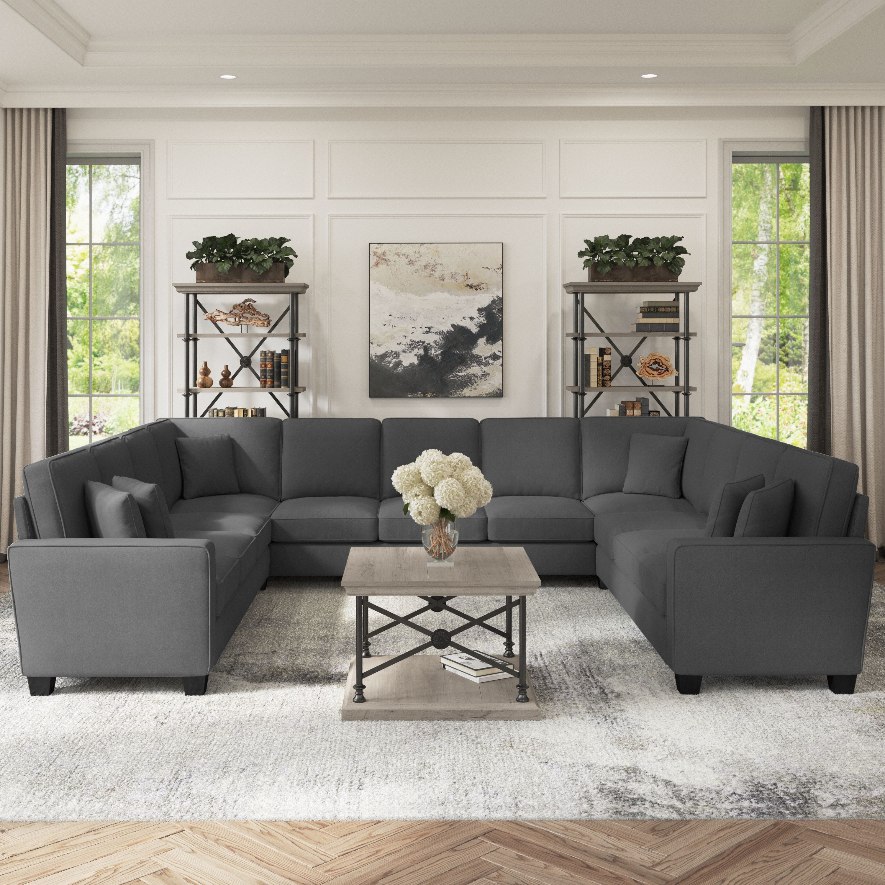Shop Bush Furniture Stockton 137W U Shaped Sectional Couch 01 SNY135SCGH-03K #color_charcoal gray herringbone fabr