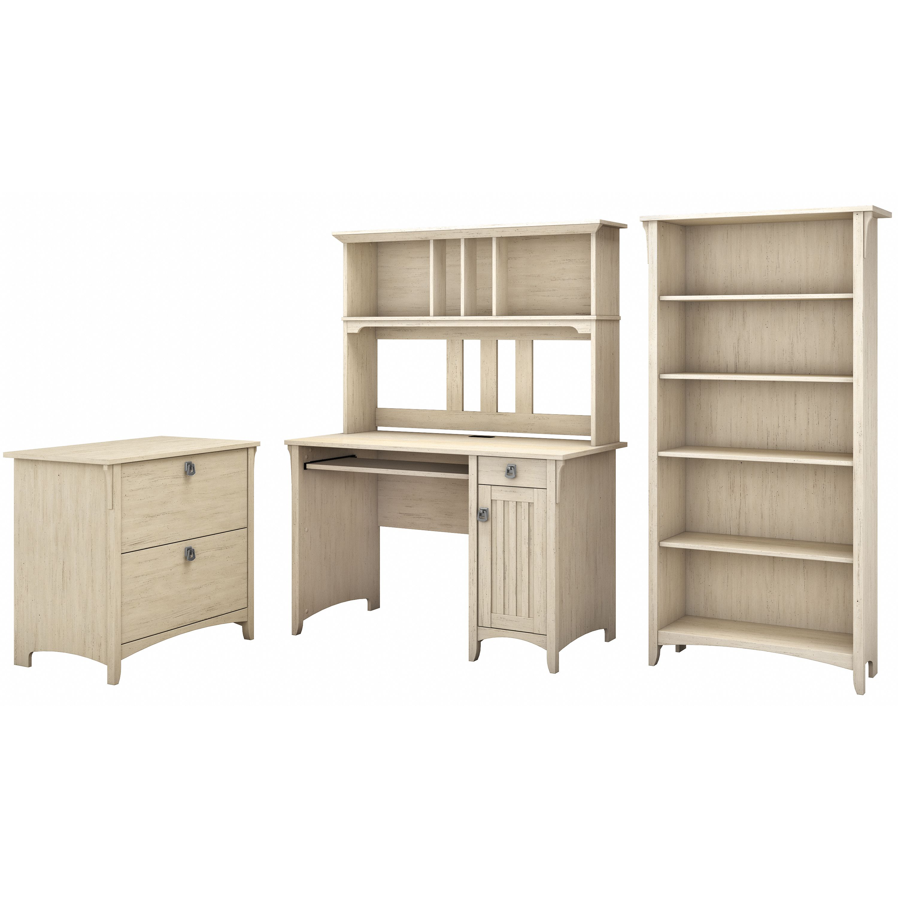 Shop Bush Furniture Salinas Mission Desk with Hutch, Lateral File Cabinet and 5 Shelf Bookcase 02 SAL002AW #color_antique white