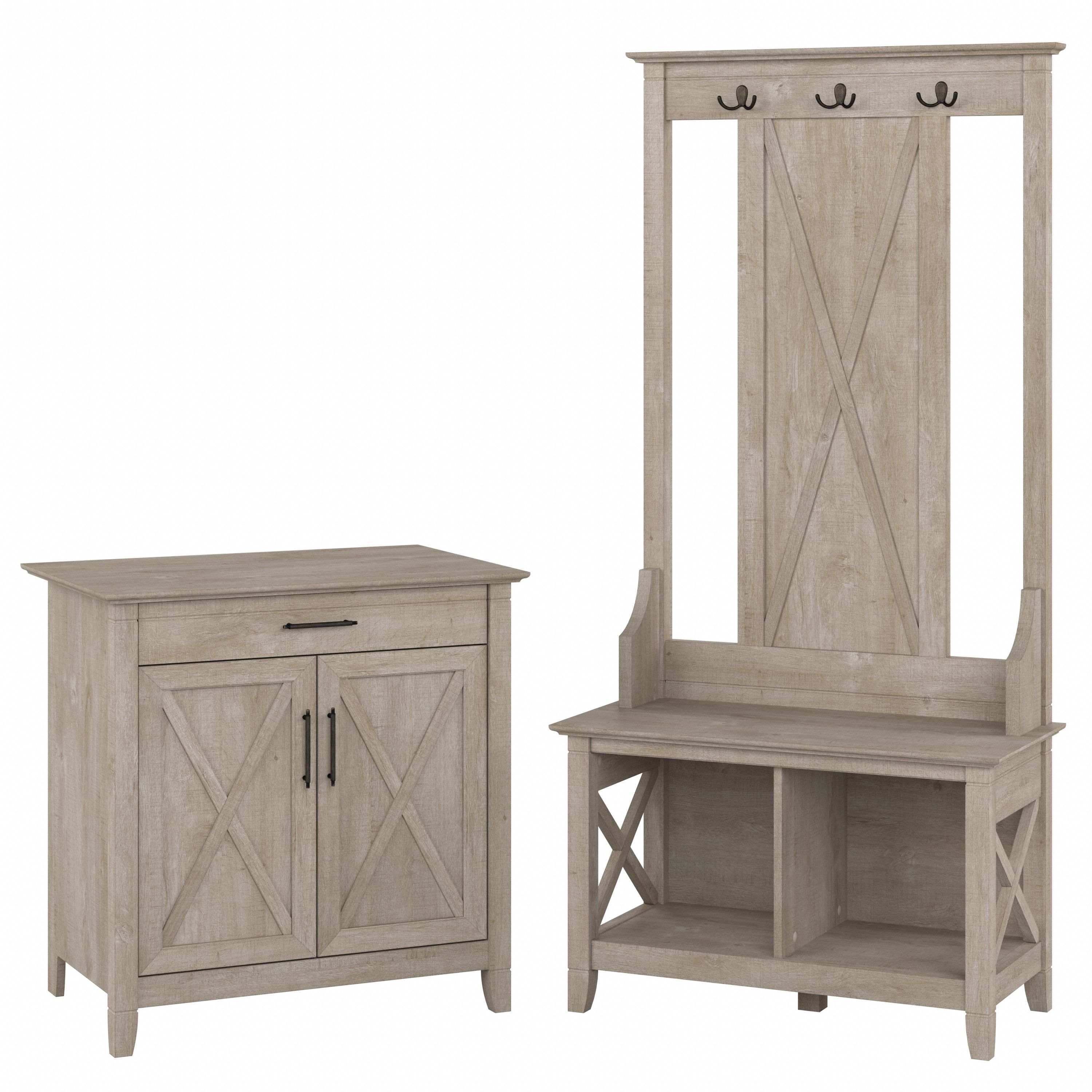 Shop Bush Furniture Key West Entryway Storage Set with Hall Tree, Shoe Bench and Armoire Cabinet 02 KWS055WG #color_washed gray