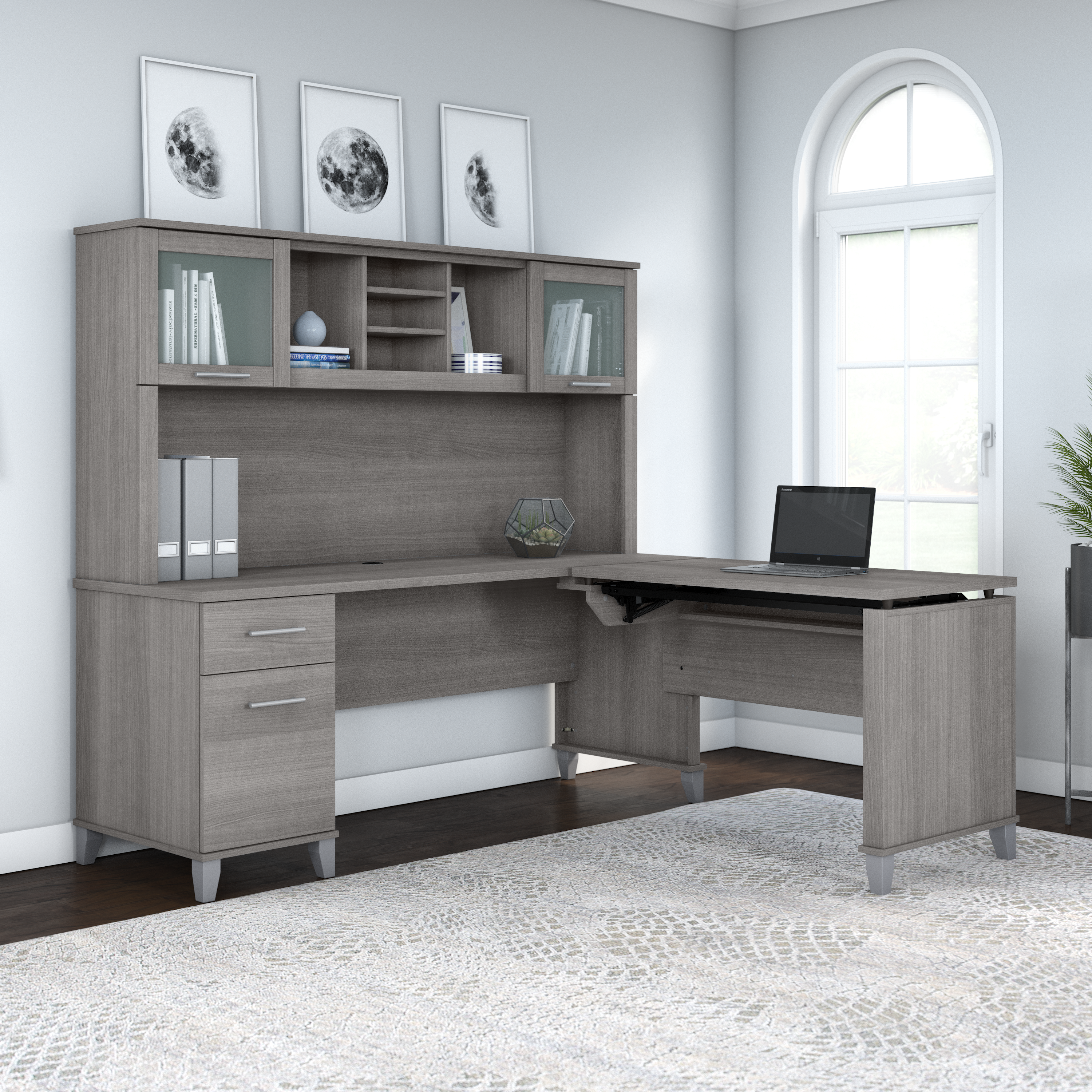 Shop Bush Furniture Somerset 72W 3 Position Sit to Stand L Shaped Desk with Hutch 06 SET015PG #color_platinum gray
