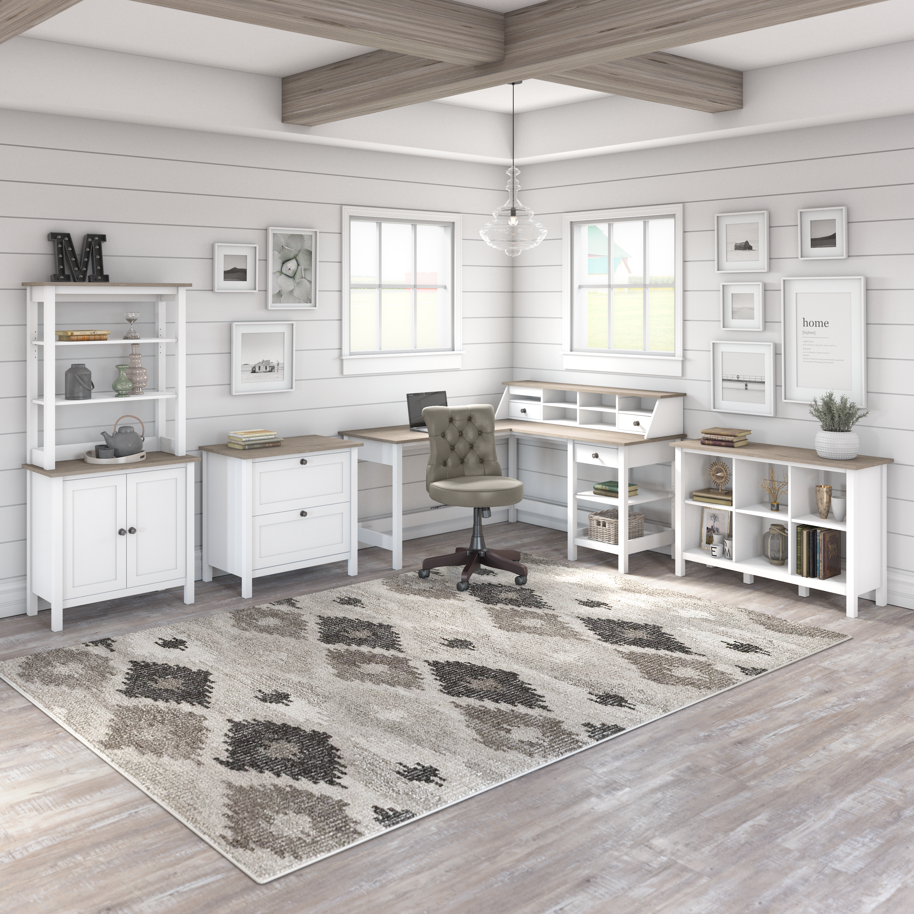 Shop Bush Furniture Mayfield 60W L Shaped Computer Desk with Chair and Storage 09 MAY023GW2 #color_shiplap gray/pure white