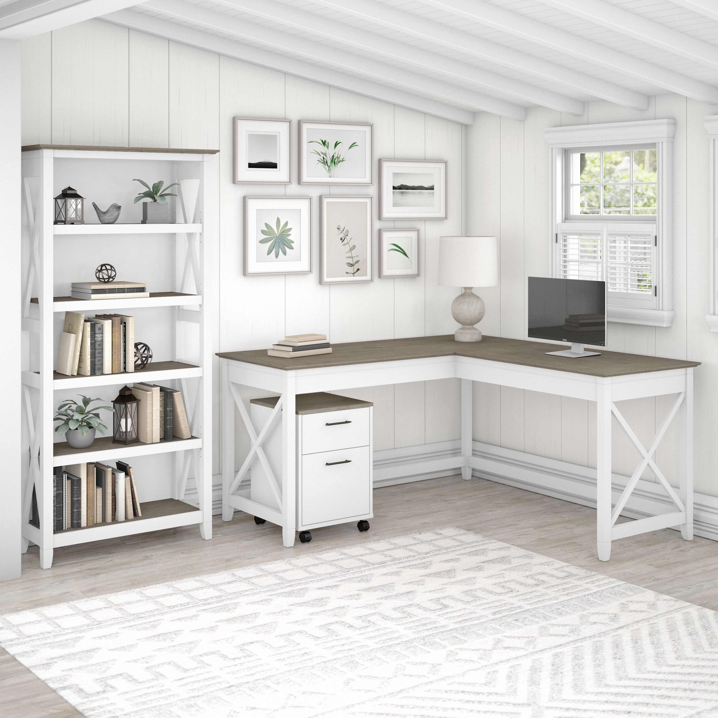 Shop Bush Furniture Key West 60W L Shaped Desk with 2 Drawer Mobile File Cabinet and 5 Shelf Bookcase 01 KWS016G2W #color_shiplap gray/pure white