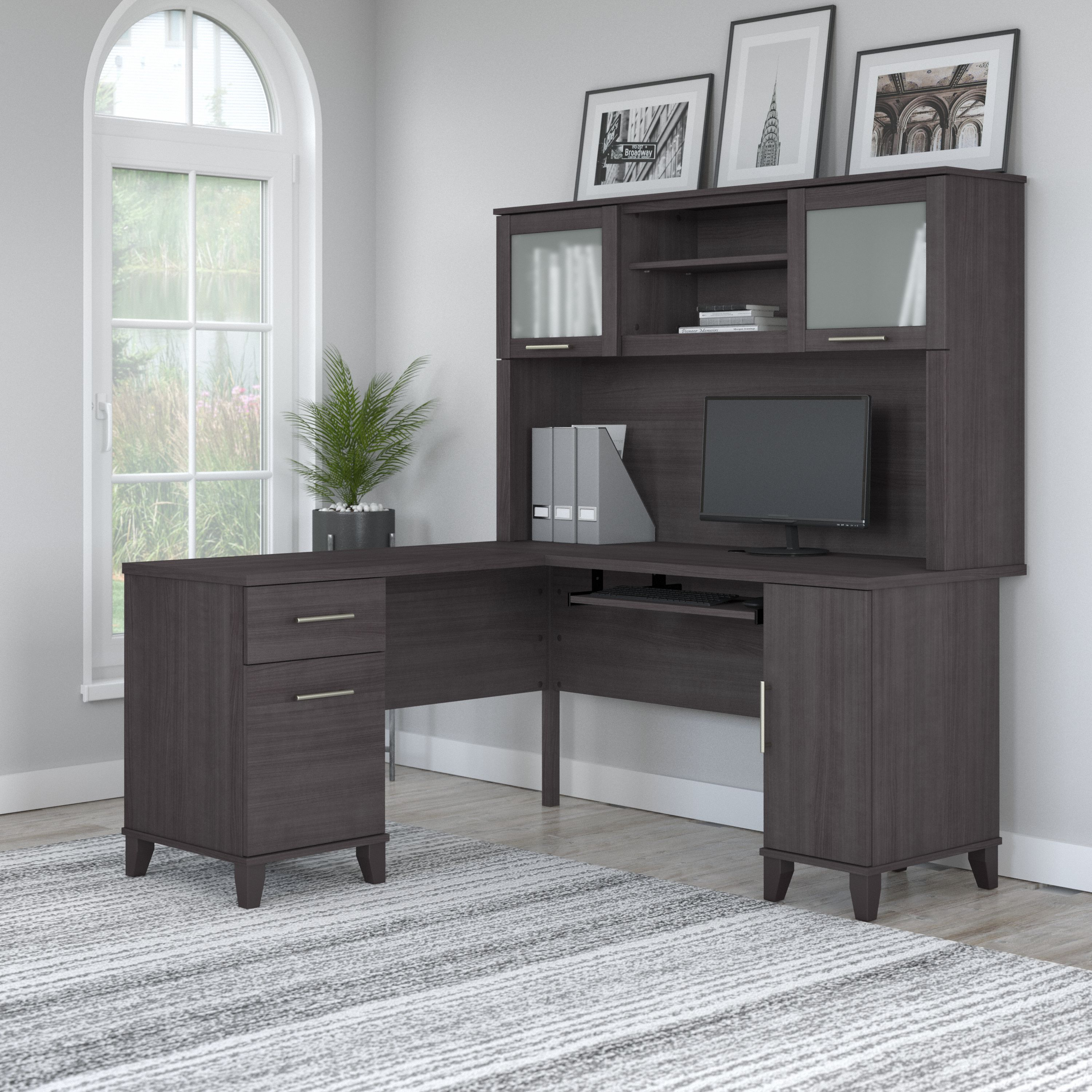 Shop Bush Furniture Somerset 60W L Shaped Desk with Hutch 01 SET002SG #color_storm gray
