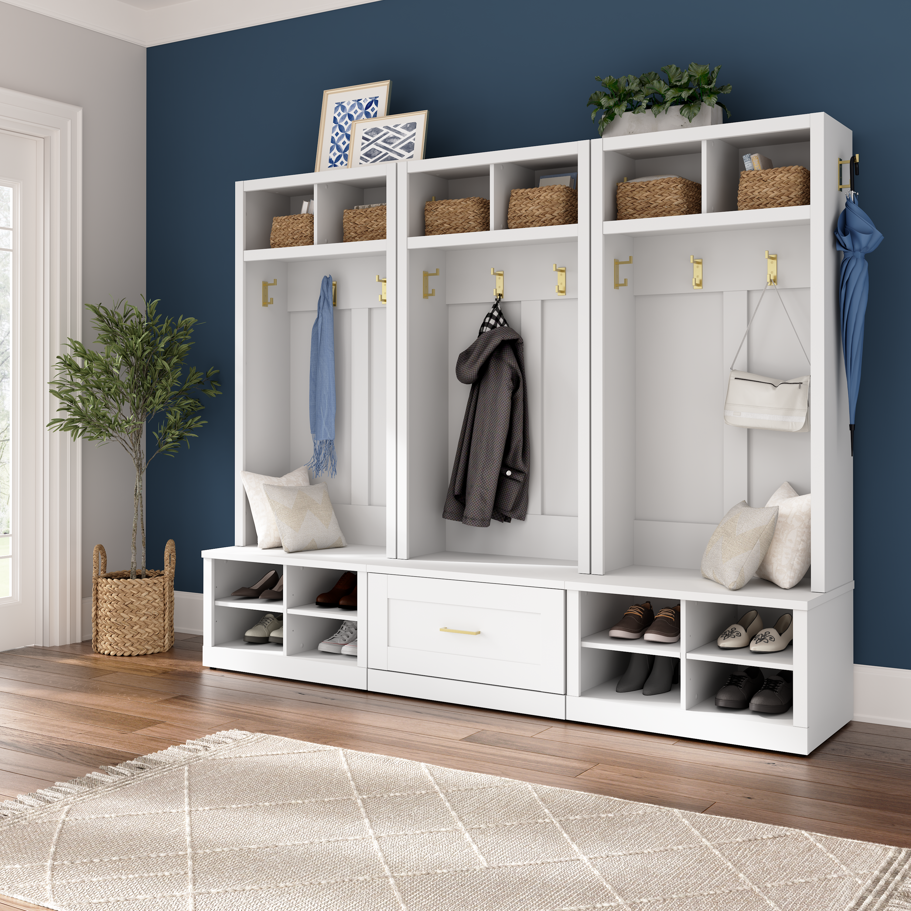 Shop Bush Furniture Hampton Heights Full Entryway Storage Set with Hall Trees and Shoe Benches with Drawers 01 HHS011WH #color_white